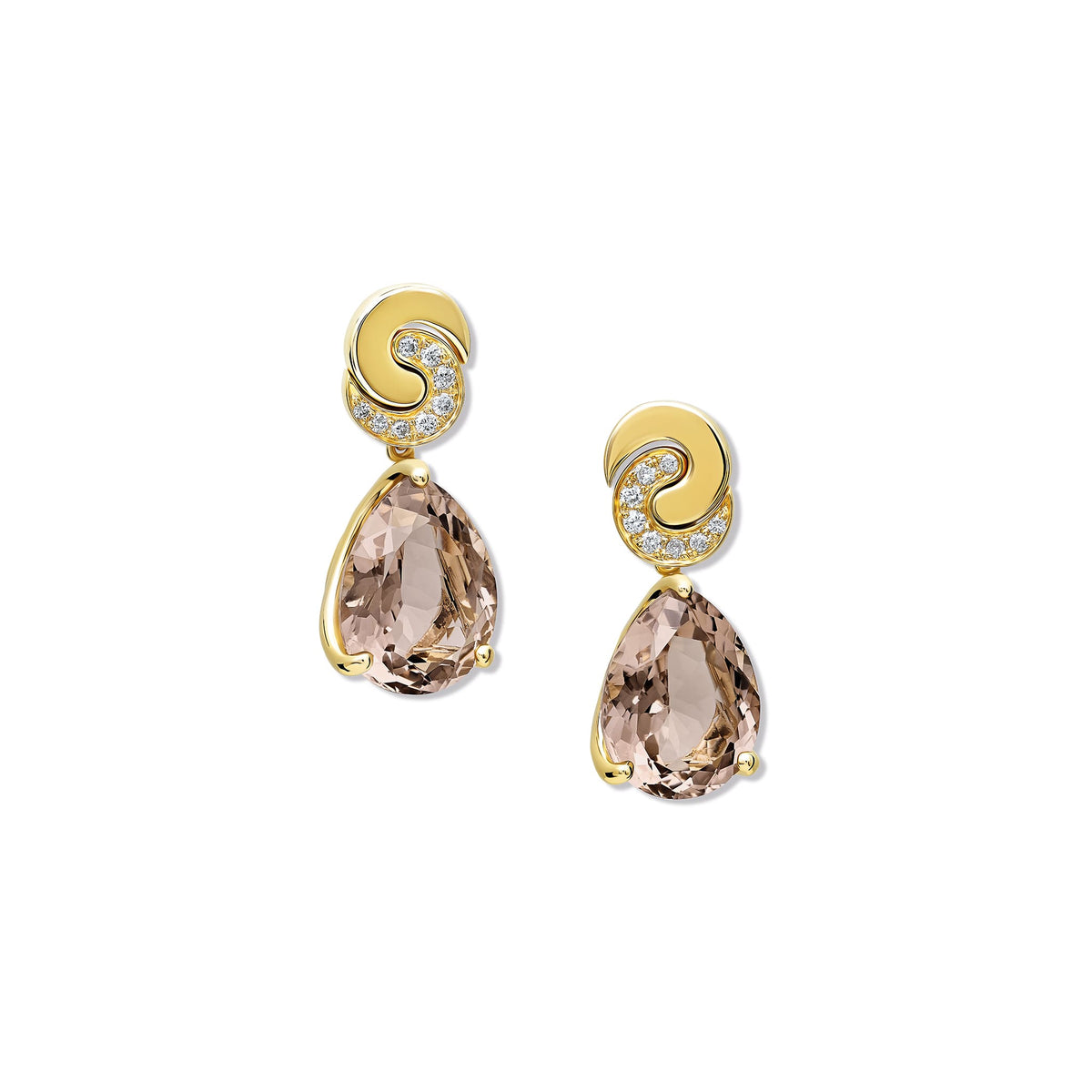 Handcrafted 9ct yellow gold Luiza stud earring pendants with pale facetted smoky quartz, inspired by Rio de Janeiro, Brazil