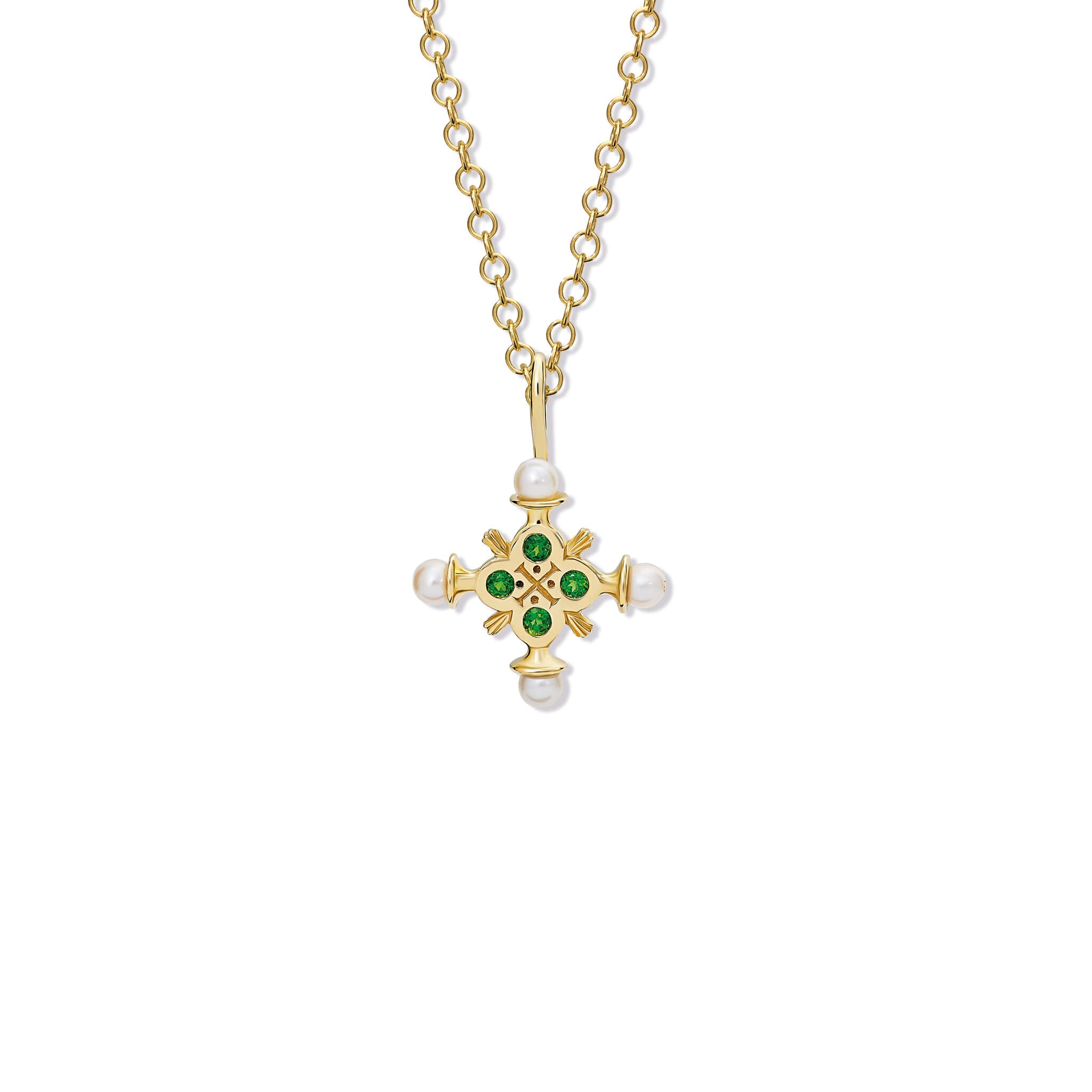 Cassandra Goad small Madrid cross in yellow gold with chrome diopside and pearls