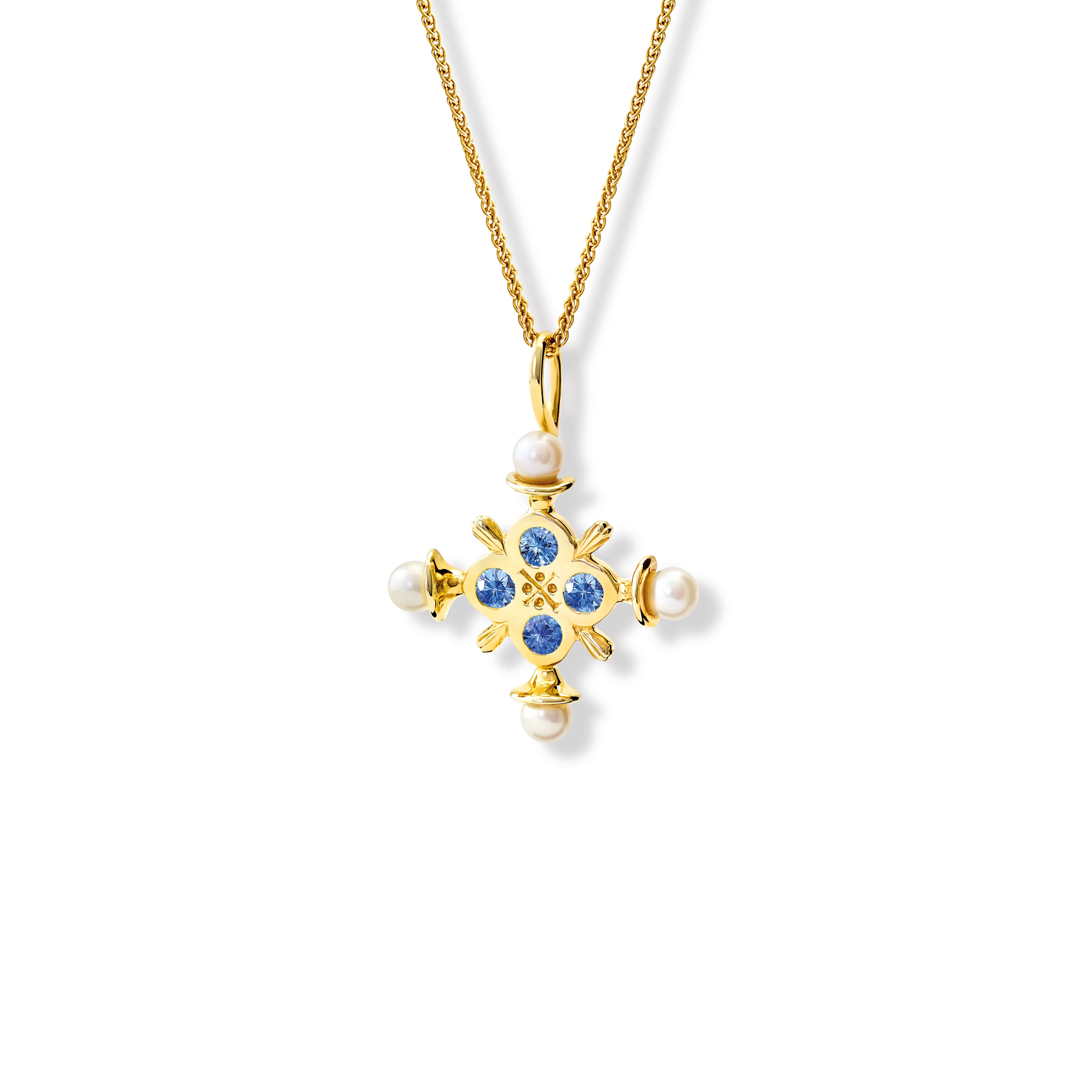 Cassandra Goad large Madrid cross in yellow gold wit sapphire and pearls