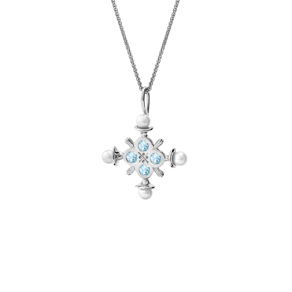 Cassandra Goad large Madrid cross in silver with blue topaz and pearls