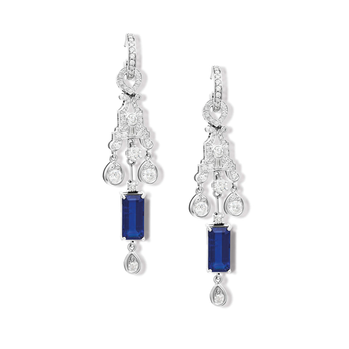 Maharani earring drops in 18ct white gold with round cut brilliant white diamonds and a matching pare of rare blue kyanite baguettes.