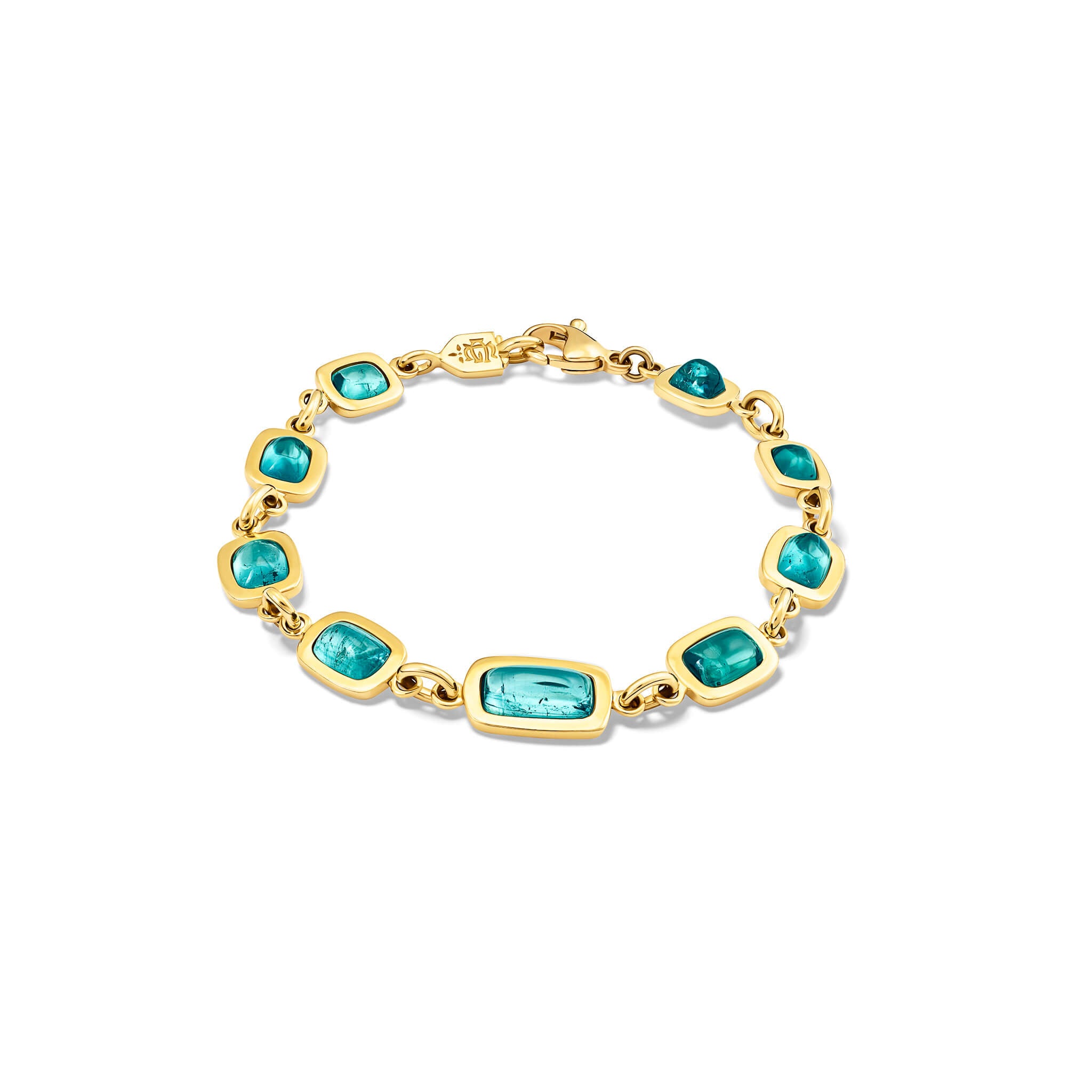 Handcrafted 18ct yellow gold bracelet with cabochon deep green tourmaline