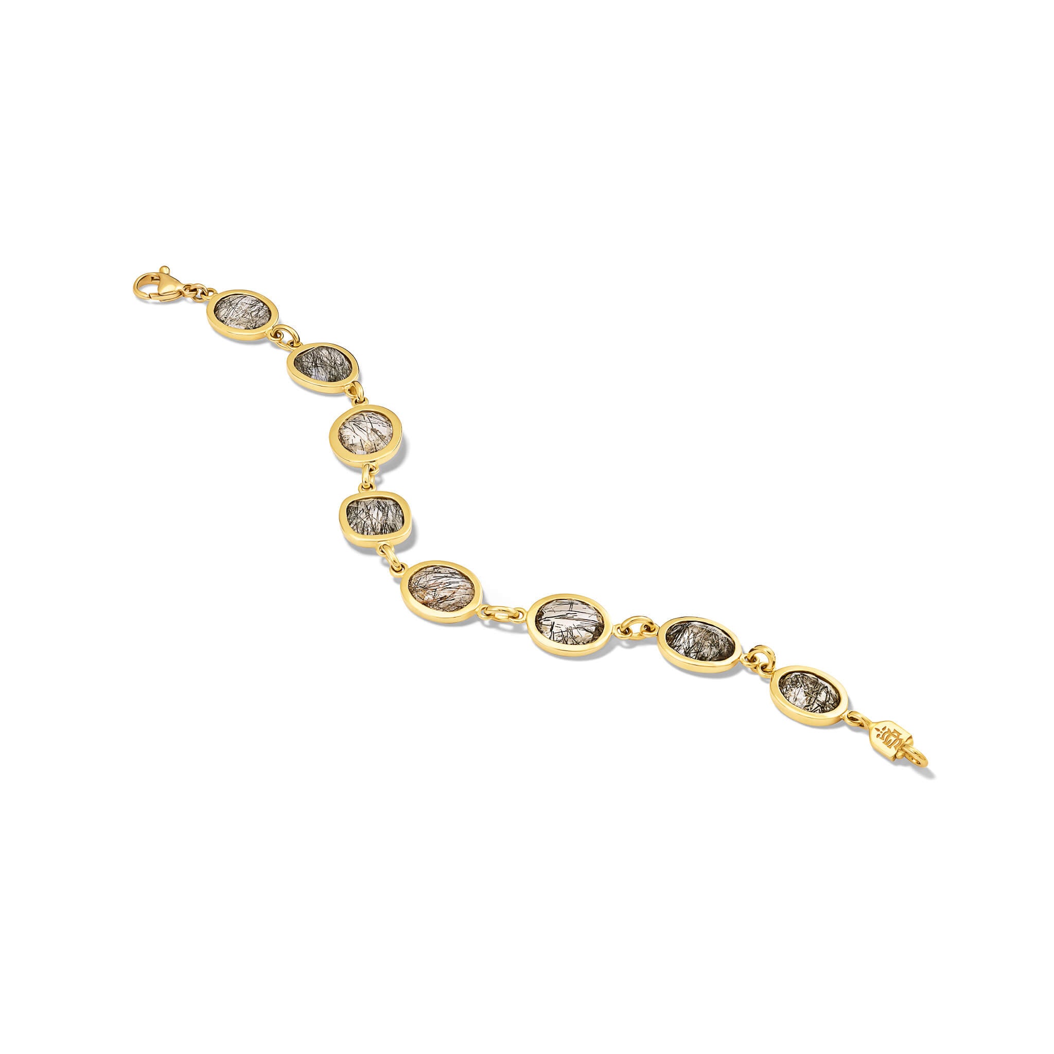 Handcrafted 18ct yellow gold bracelet with facetted tourmalinated quartz