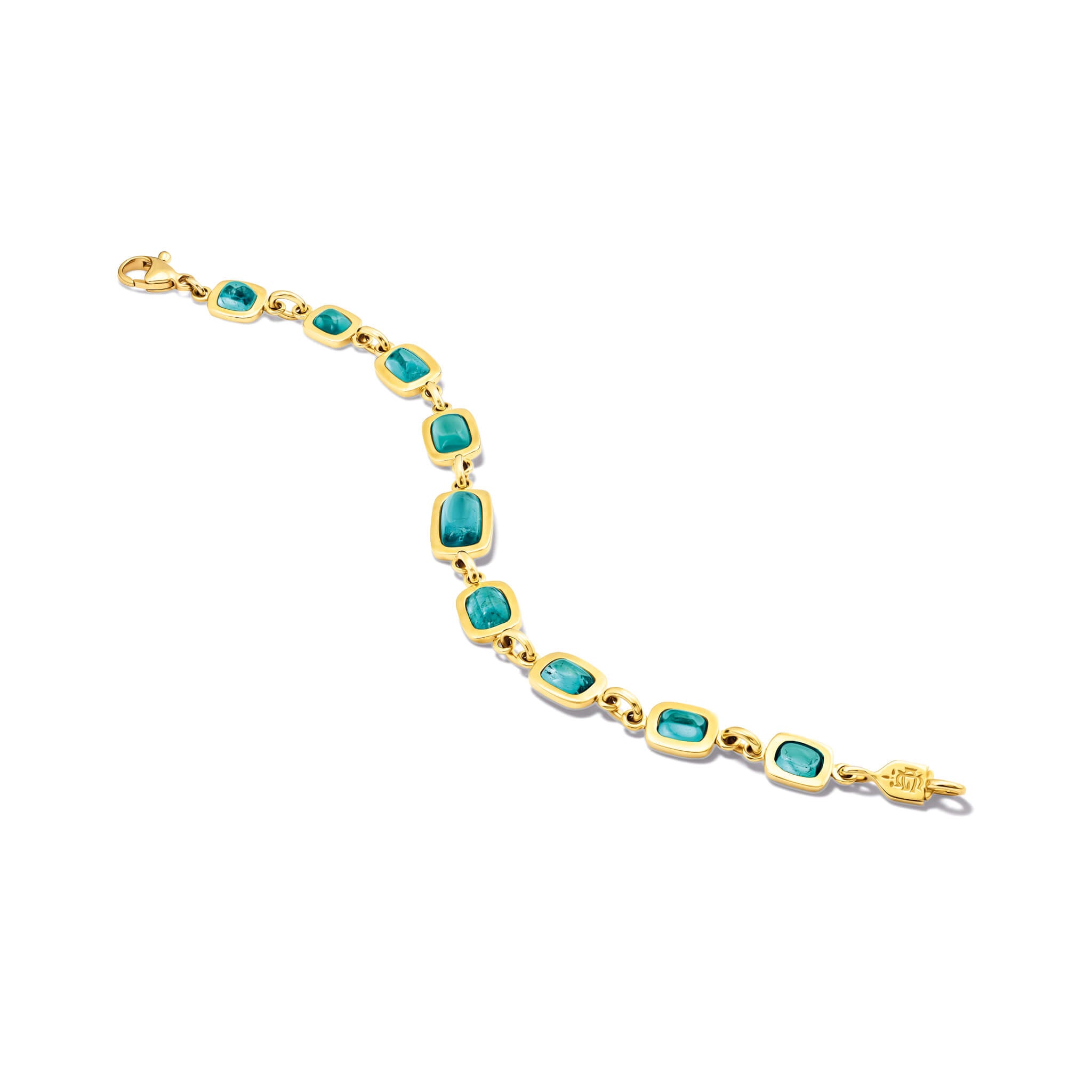 Handcrafted 18ct yellow gold bracelet with cabochon deep green tourmaline