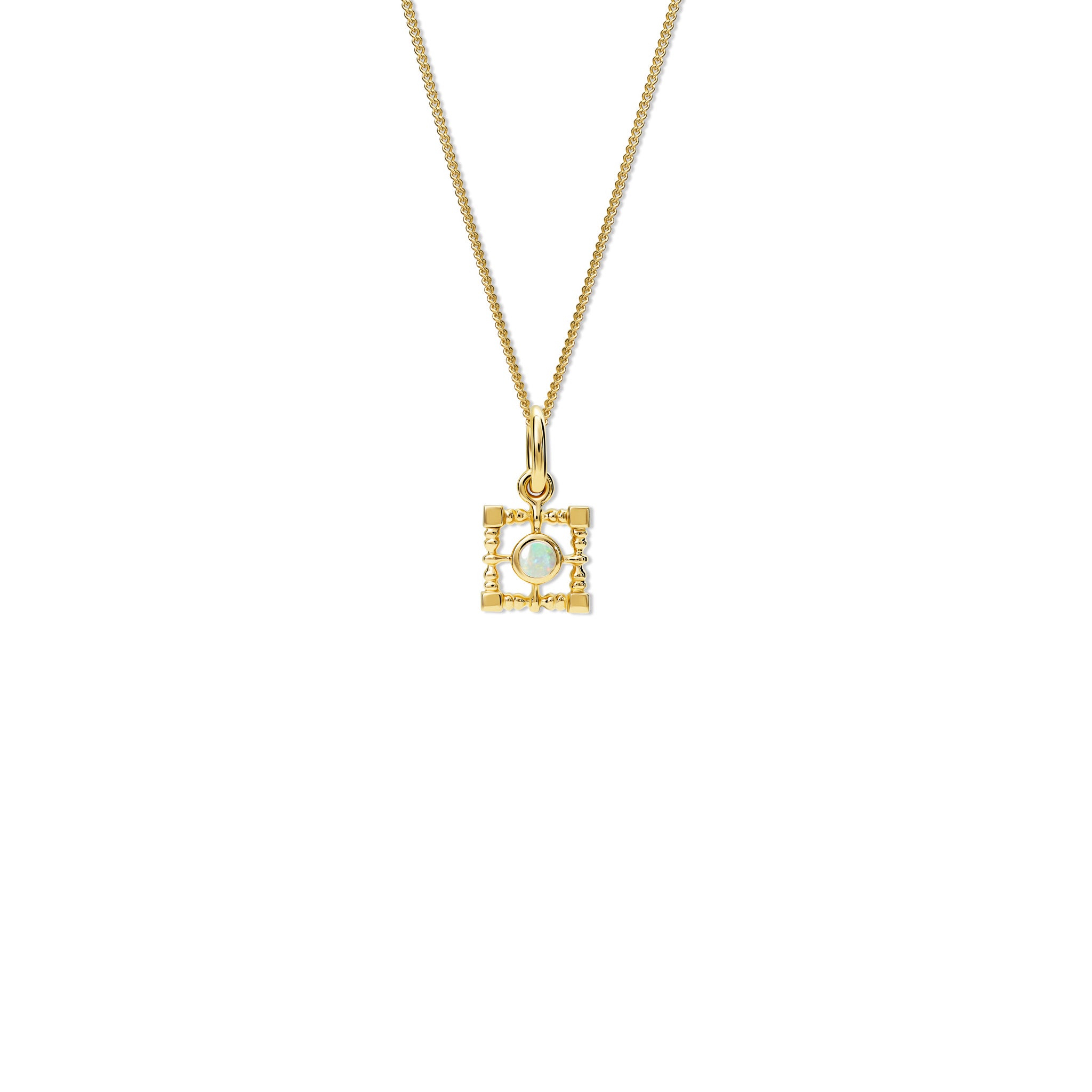 Handcrafted yellow gold necklace pendant featuring a square-shaped frame with a central opal, birthstone of October.