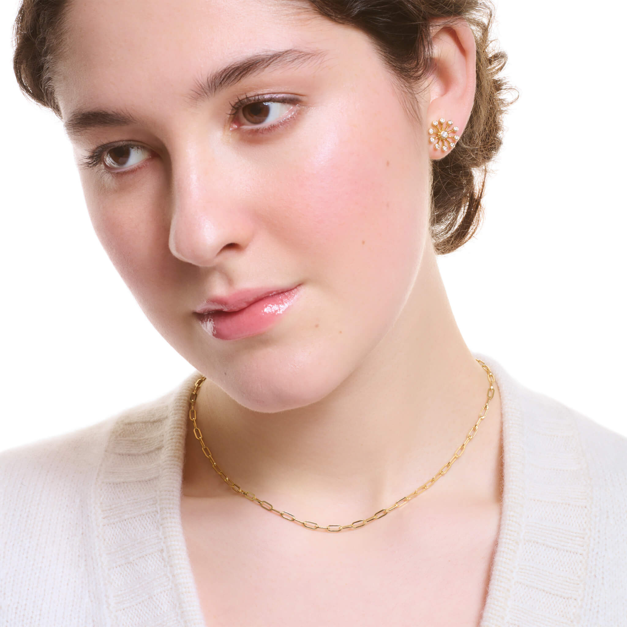 Model wearing marine light yellow gold chain with rectangular nautical-style links from Cassandra's Classic collection, suitable for men and women