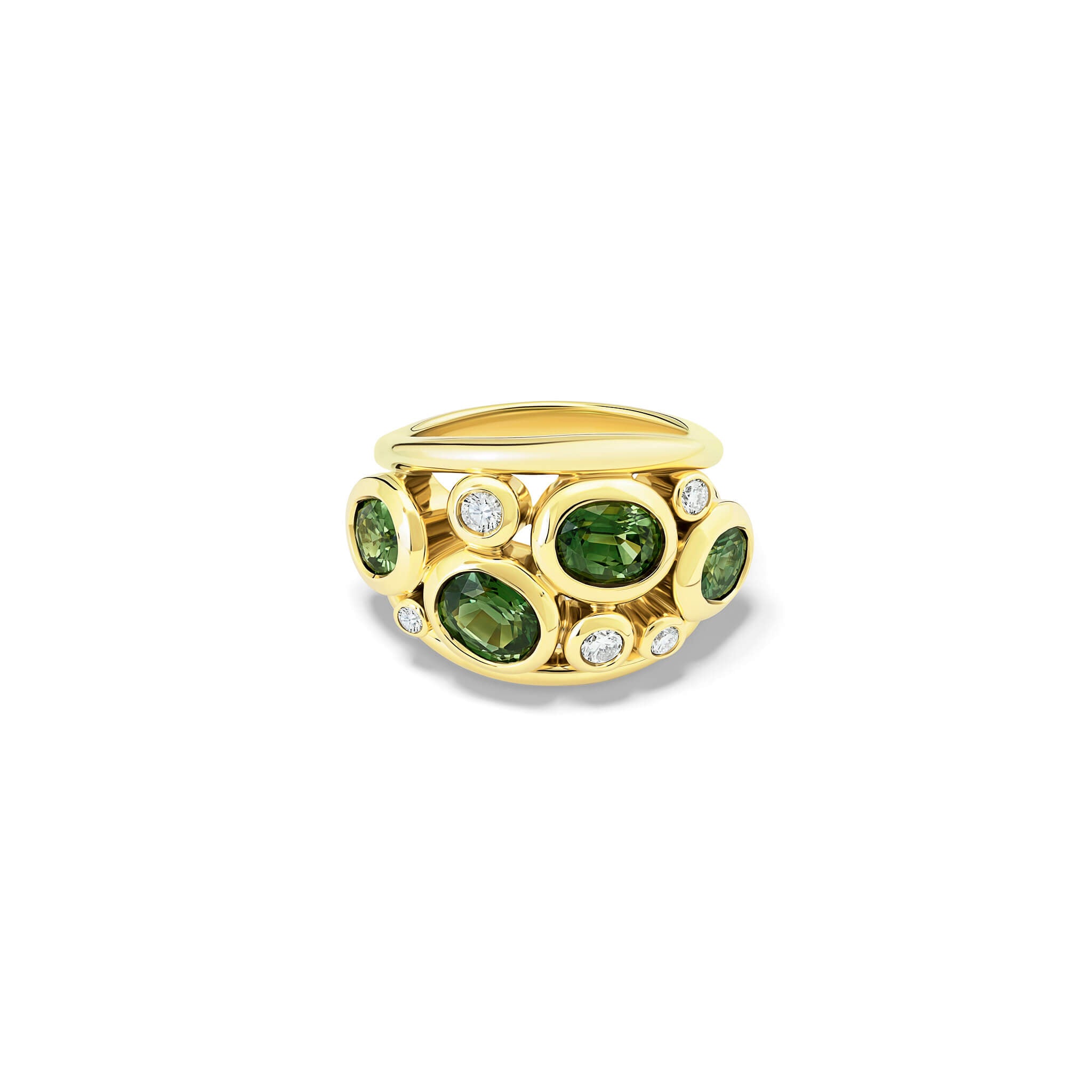 Handcrafted 18ct yellow gold ring featuring four facetted oval green sapphire and smaller diamonds, september birthstone