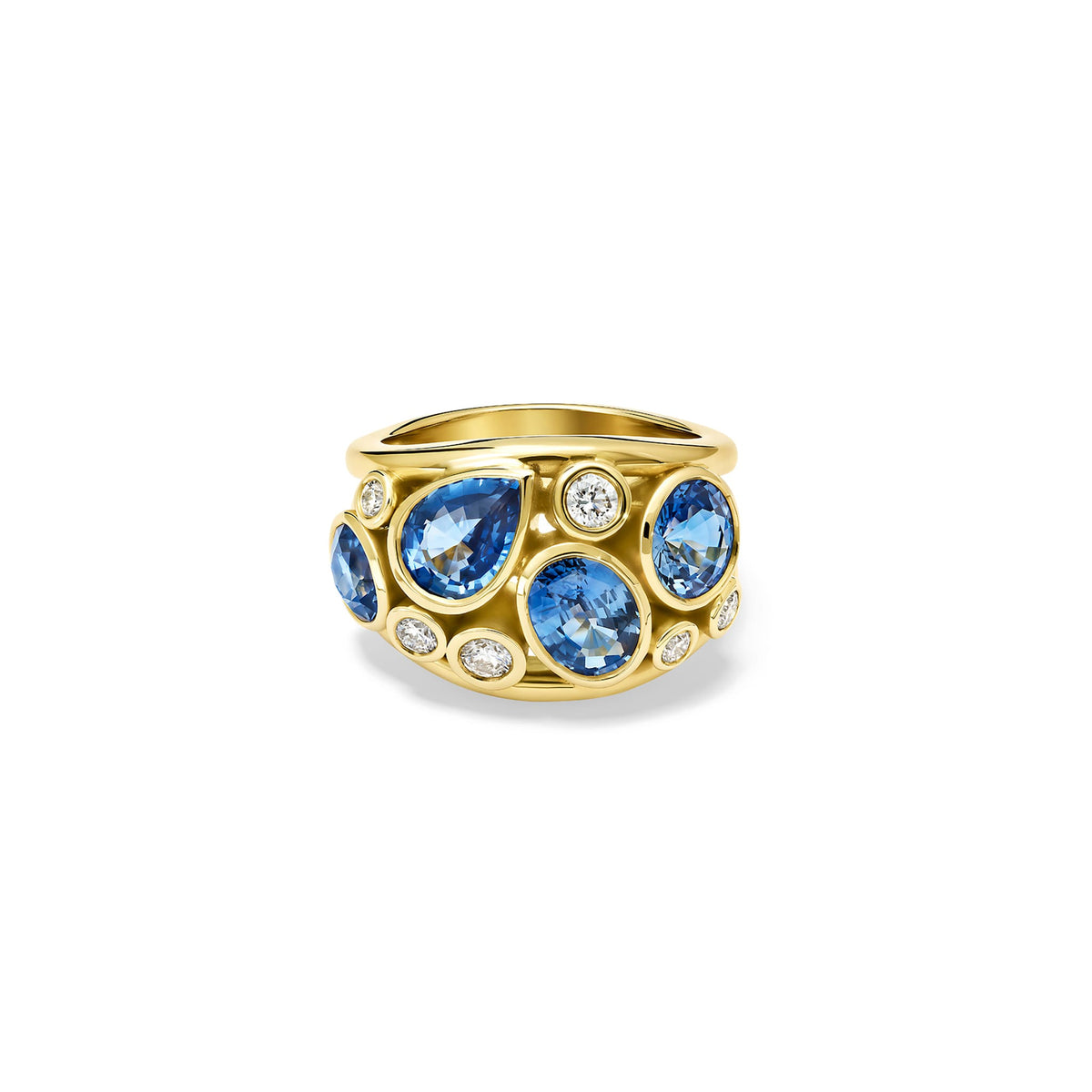 Handcrafted 18ct yellow gold ring featuring four soft blue ceylon sapphires and smaller diamonds, September birthstones.