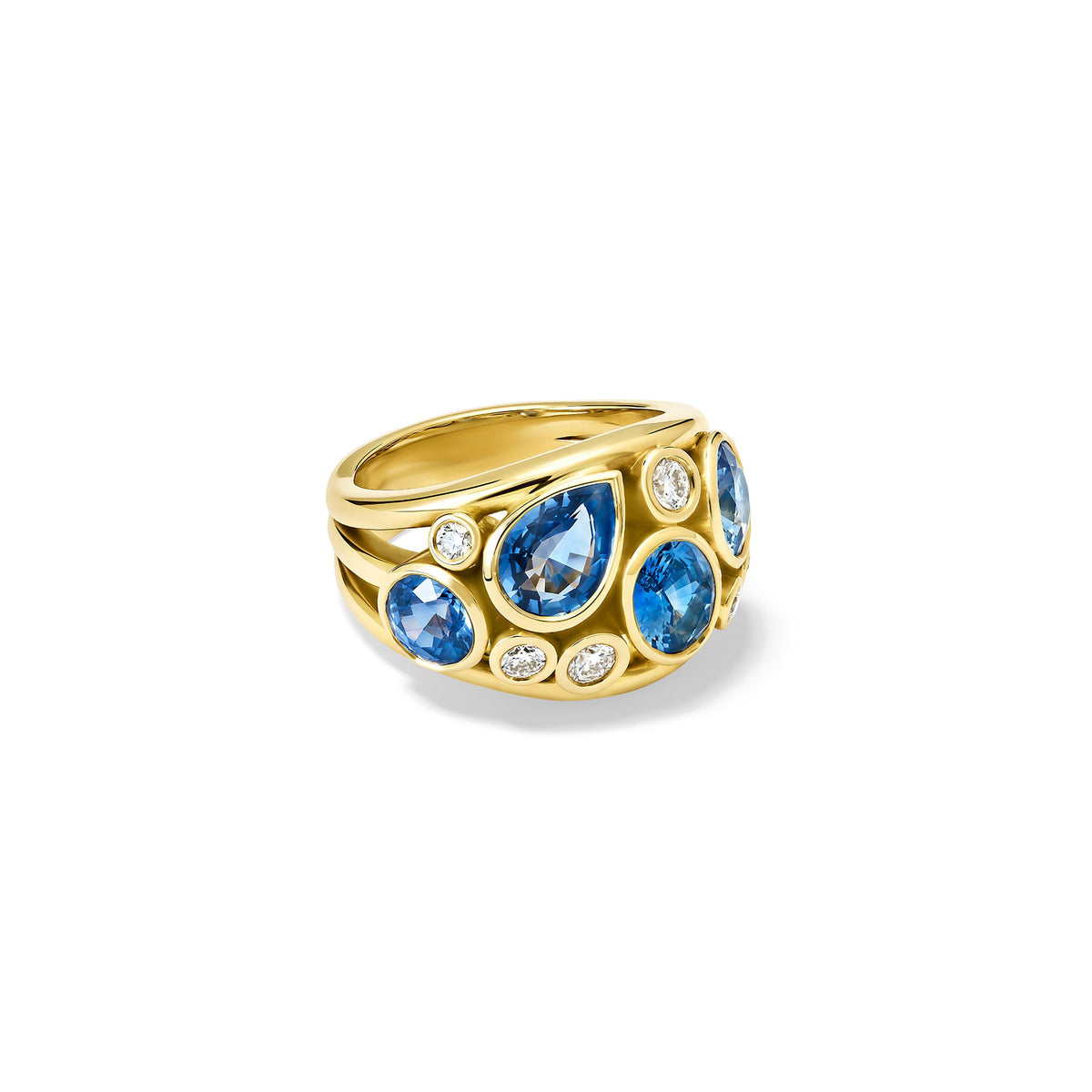 Handcrafted 18ct yellow gold ring featuring four soft blue ceylon sapphires and smaller diamonds, September birthstones.