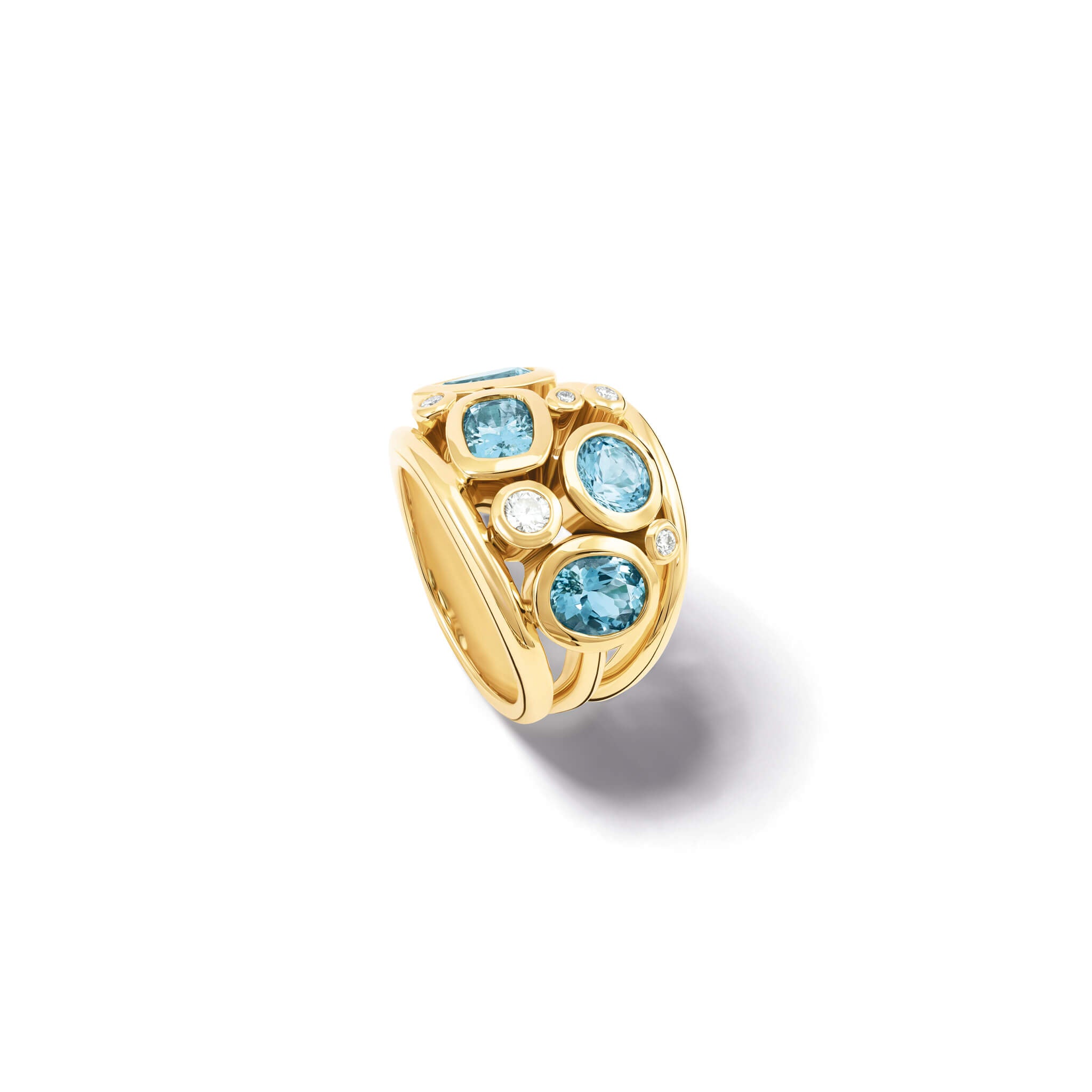 Handcrafted 18ct yellow gold ring featuring four facetted aquamarines and smaller diamonds, march birthstone