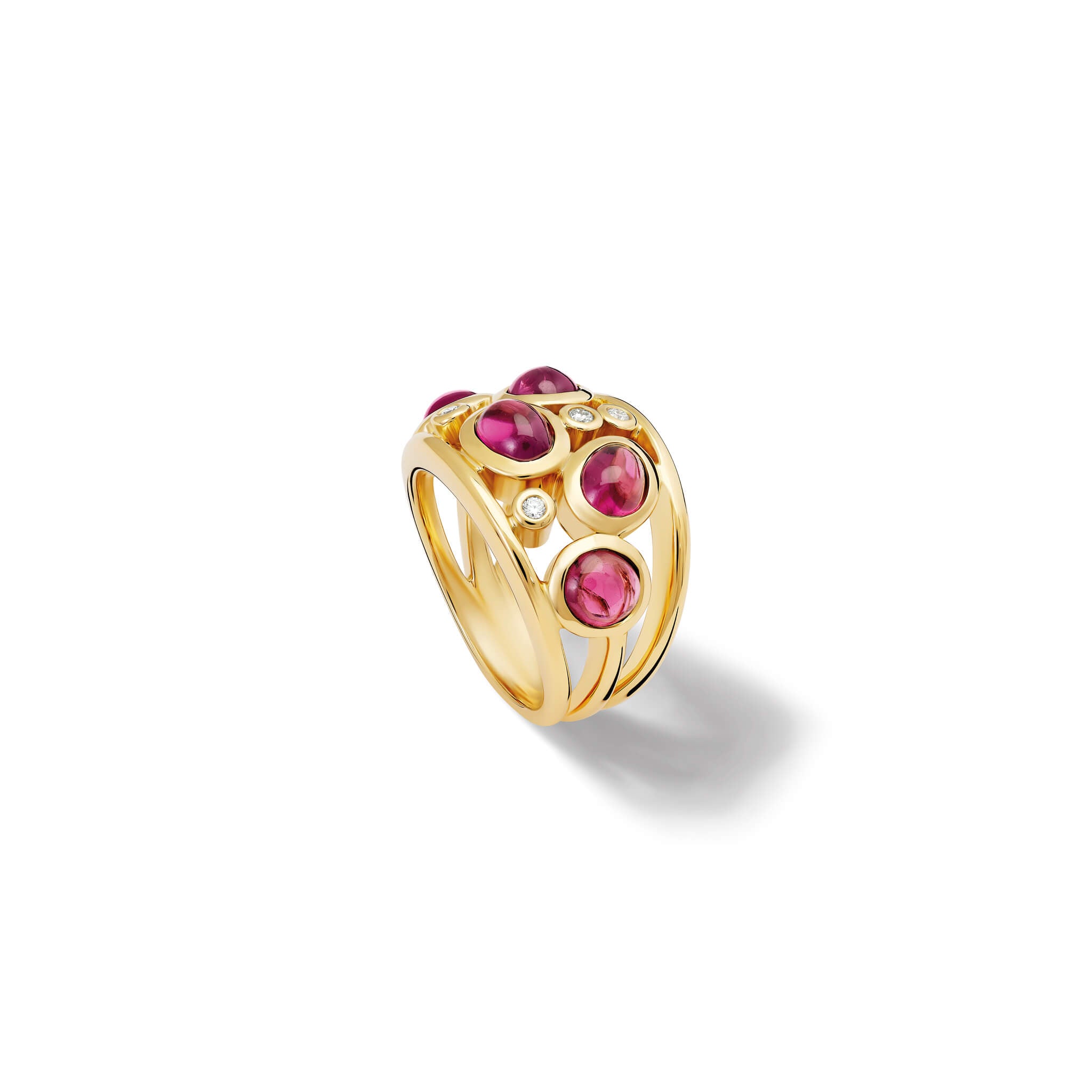 Handcrafted 18ct yellow gold ring featuring five cabochon rhodolite garnet and diamond, january birthstone