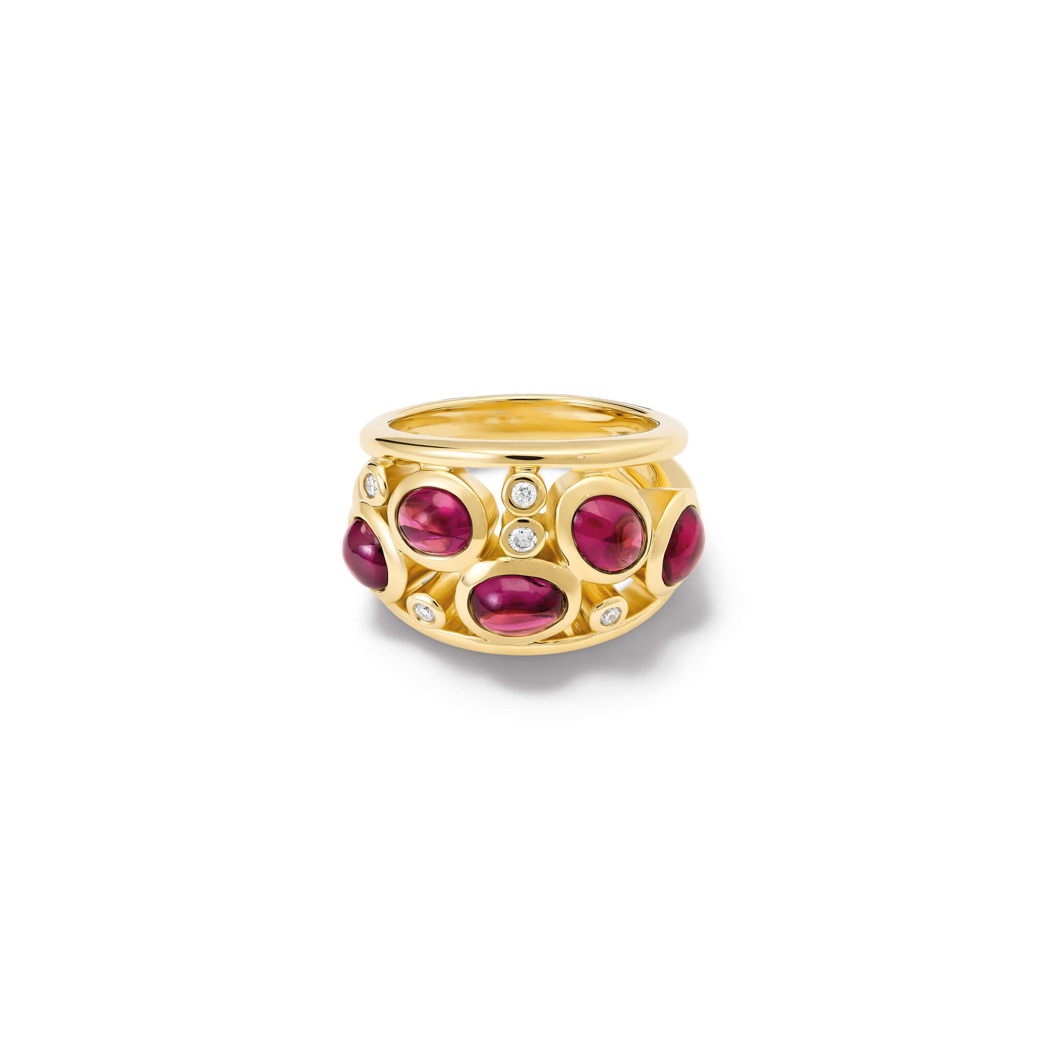 Handcrafted 18ct yellow gold ring featuring five cabochon rhodolite garnet and diamond, january birthstone