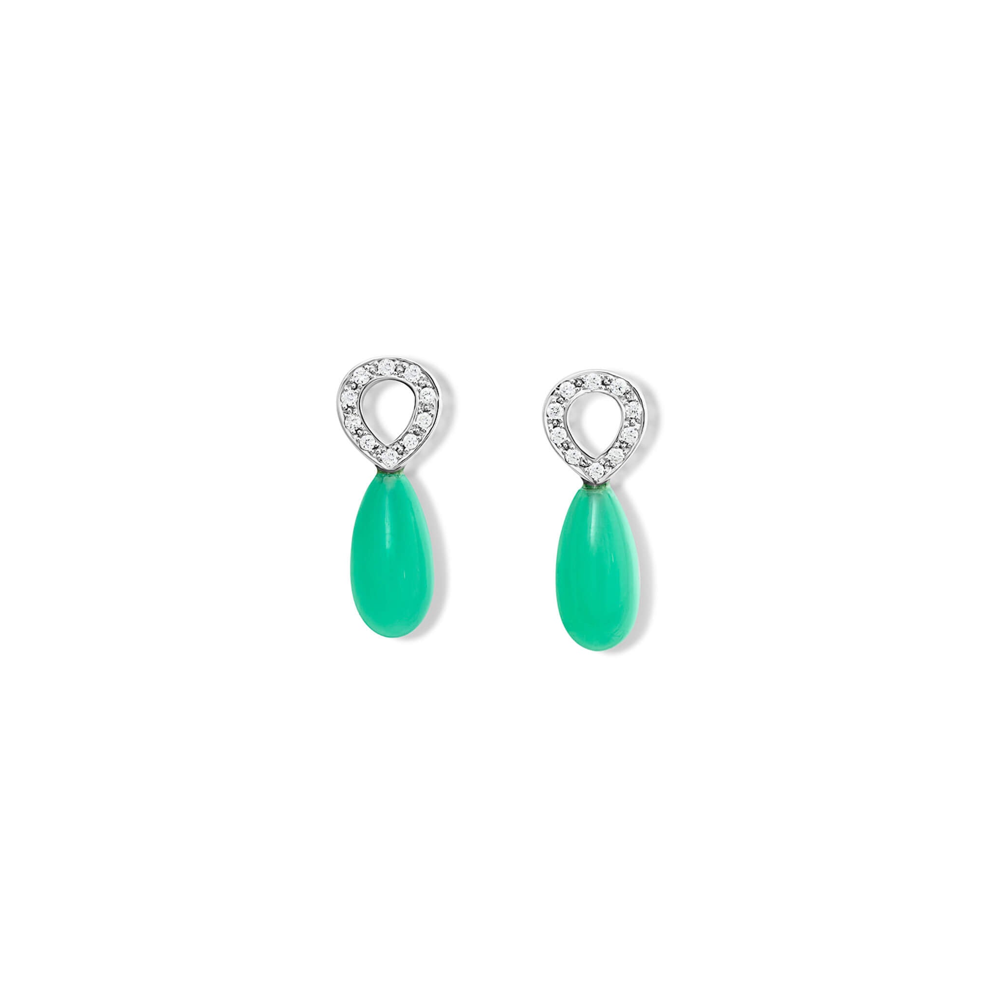 Handcrafted Octavia earring drops in 18ct white gold, with smooth briolette apple green chrysoprase and diamond.