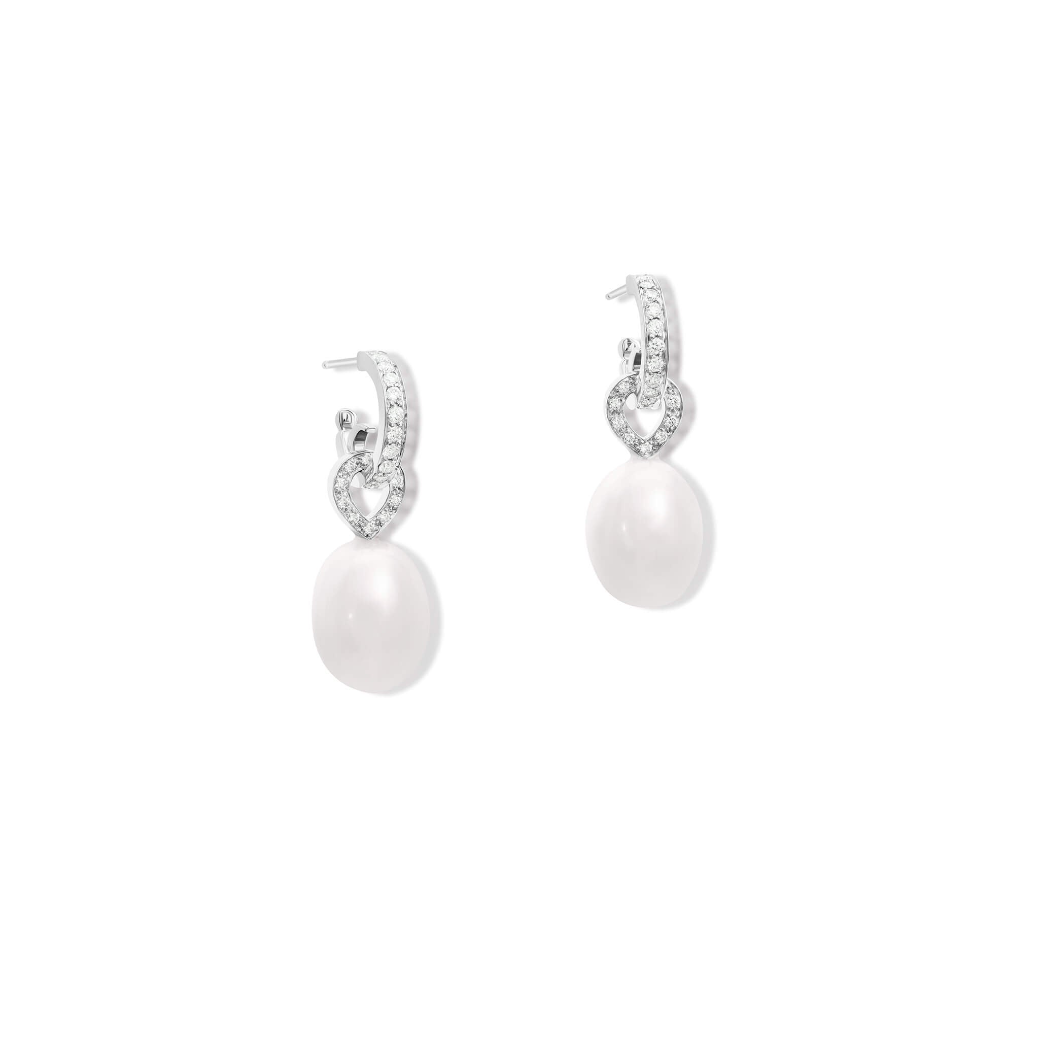 Handcrafted earring drops in 18ct white gold with pearl and diamond pave.