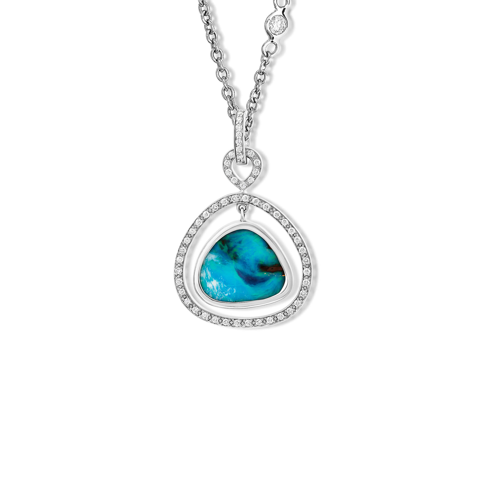 Handcrafted 18ct white gold necklace pendant featuring a teardrop-shaped opal gemstone with diamonds, birthstone of October.