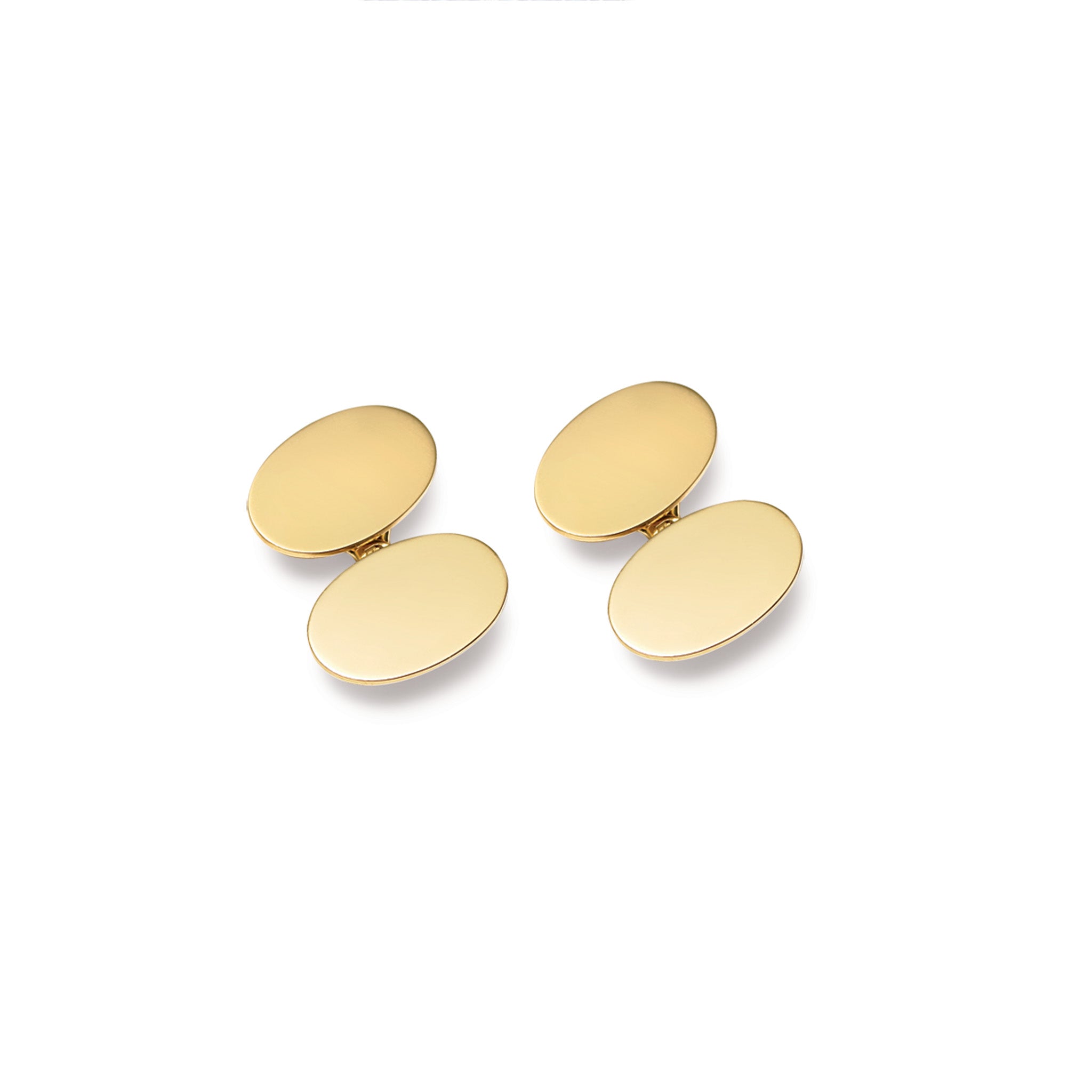 Handcrafted yellow gold double ended cufflinks featuring a plain oval shape.
