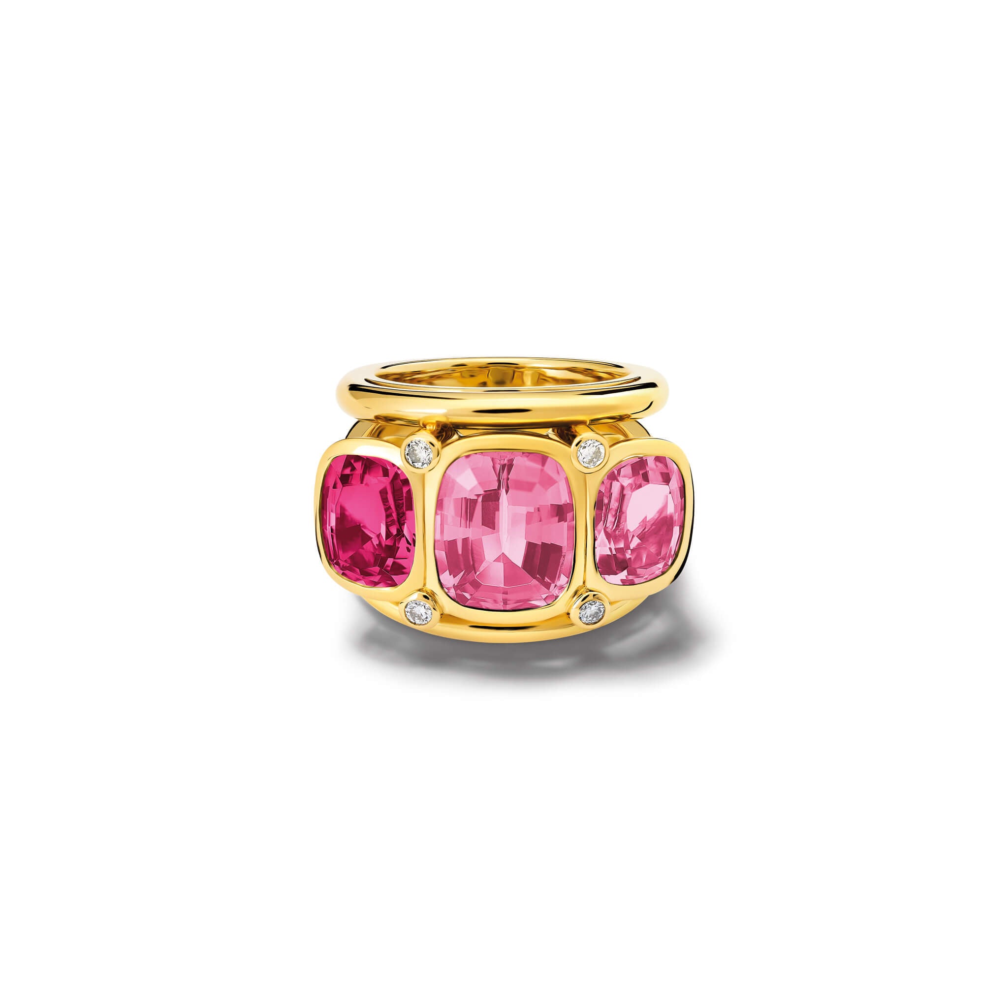 Handcrafted 18ct yellow gold ring featuring a rectangular shaped pink tourmaline and diamond