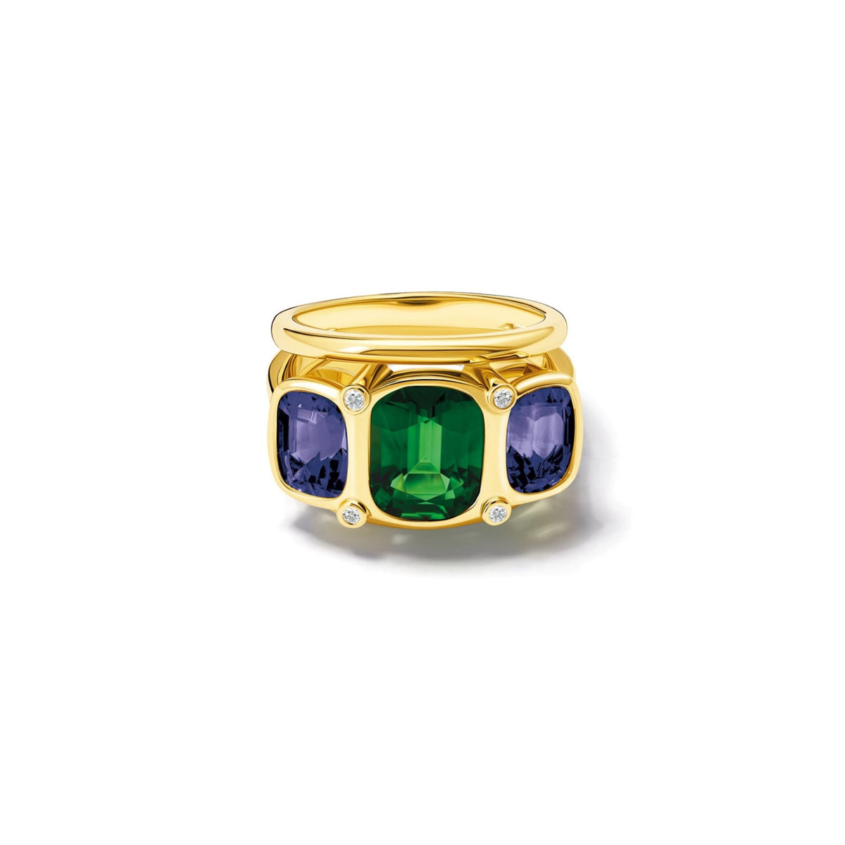 Handcrafted 18ct yellow gold ring featuring rectangular shaped green tourmaline, iolite and diamonds.