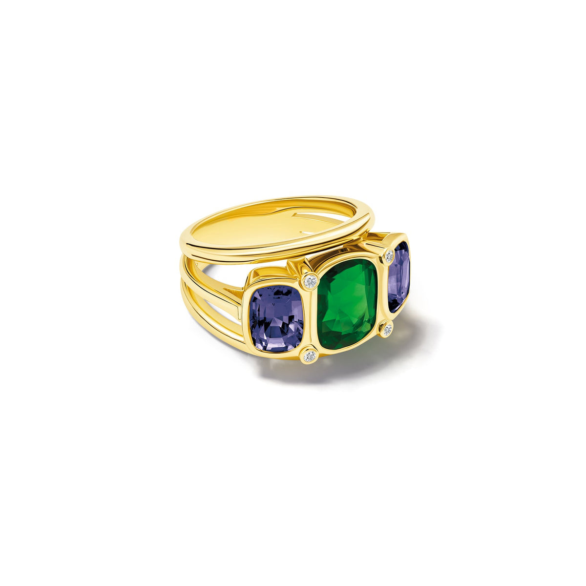 Handcrafted 18ct yellow gold ring featuring rectangular shaped green tourmaline, iolite and diamonds.