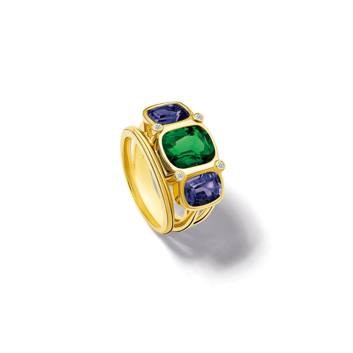 Handcrafted 18ct yellow gold ring featuring rectangular shaped green tourmaline, iolite and diamonds.