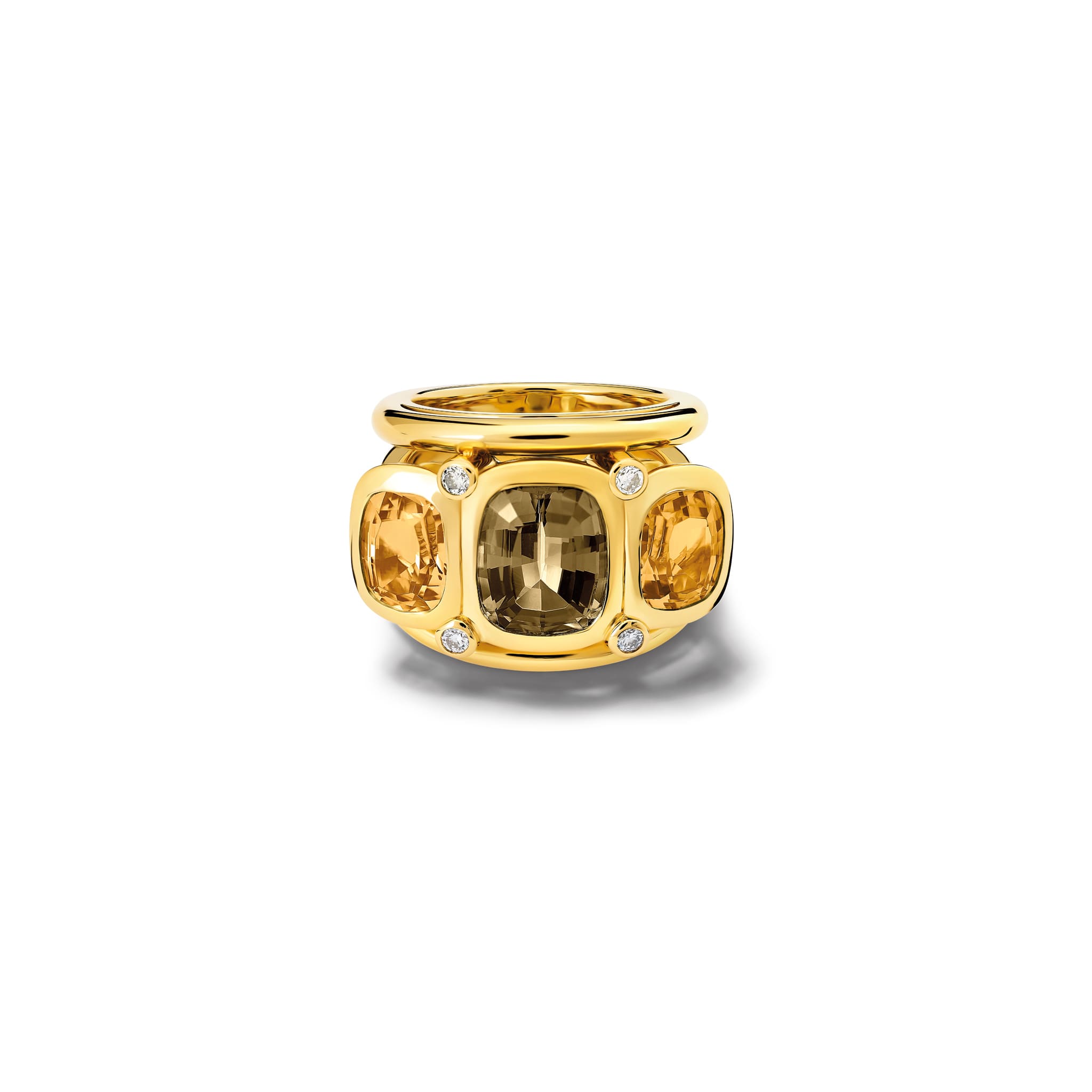 Handcrafted 18ct yellow gold ring featuring a central rectangular shaped smoky quartz, two citrines and diamonds.