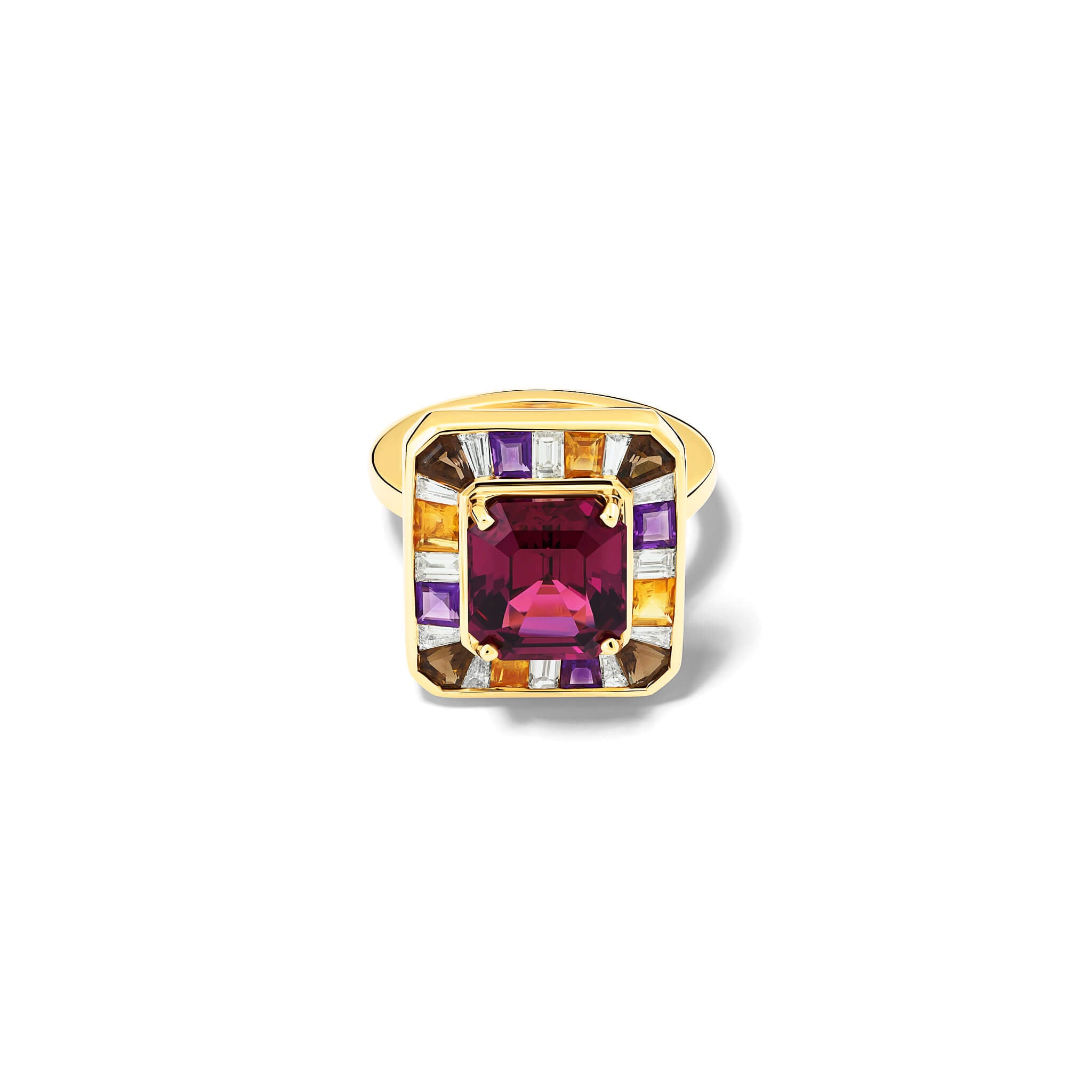 Handcrafted 18ct yellow gold ring featuring a central pink tanga garnet surrounded by four square cut citrines, four square cut amethyst, four square cut smoky quartz, twelve baguette triangle cut dia