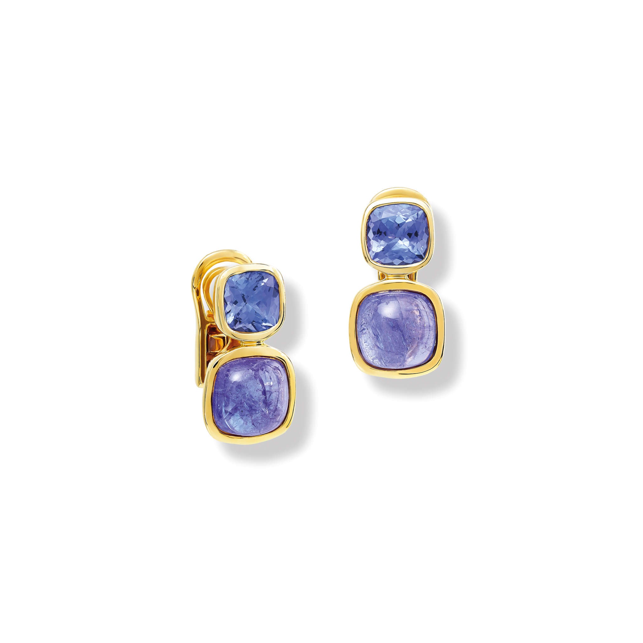 Handcrafted 18ct yellow gold square shaped earrings featuring facetted tanzanite and cabochon tanzanite