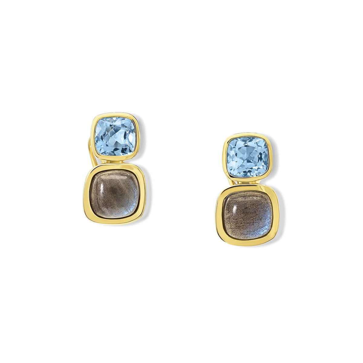 Handcrafted Qin & Han earrings in 18ct yellow gold with blue topaz and labradorite, birthstones of November