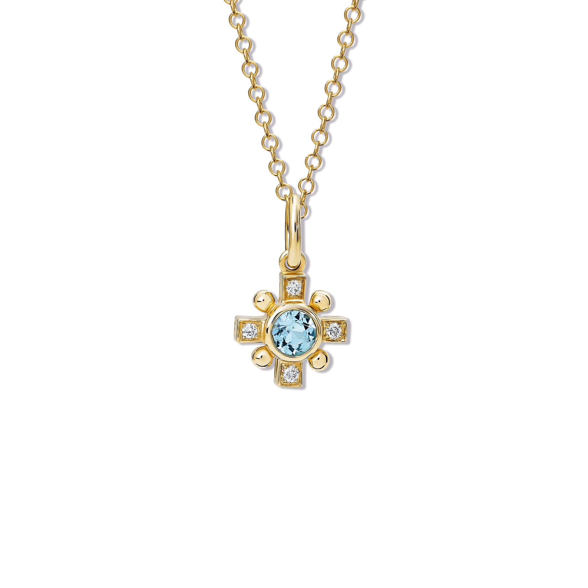 Handcrafted Quadro cross necklace pendant in yellow gold featuring blue topaz and diamond, november birthstone