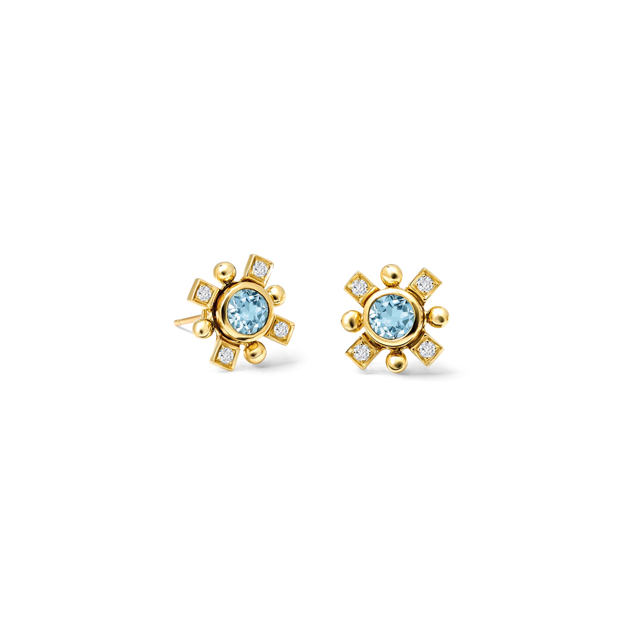 Handcrafted yellow gold cross shaped earring halos with diamonds.
