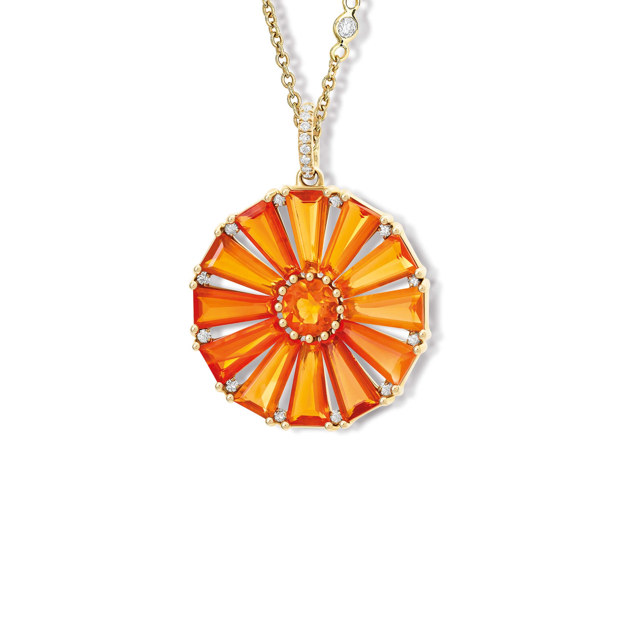 Handcrafted yellow gold circular necklace pendant with baguette cut fire opal and diamond gemstones, october birthstone