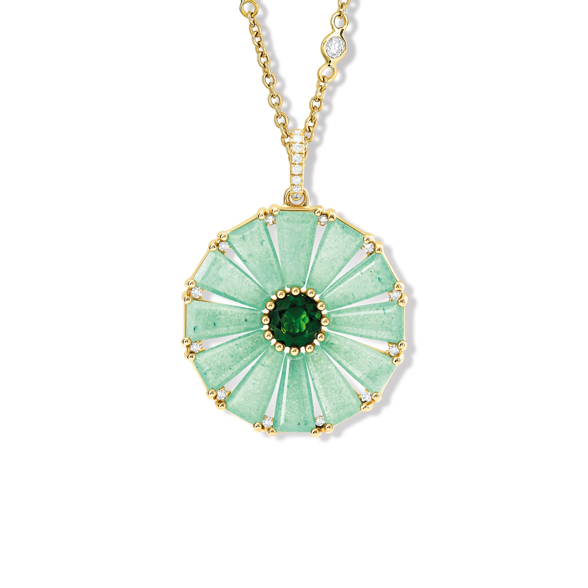 Handcrafted yellow gold circular necklace pendant with baguette cut aventurine quartz, a central chrome diopside and diamond gemstones.