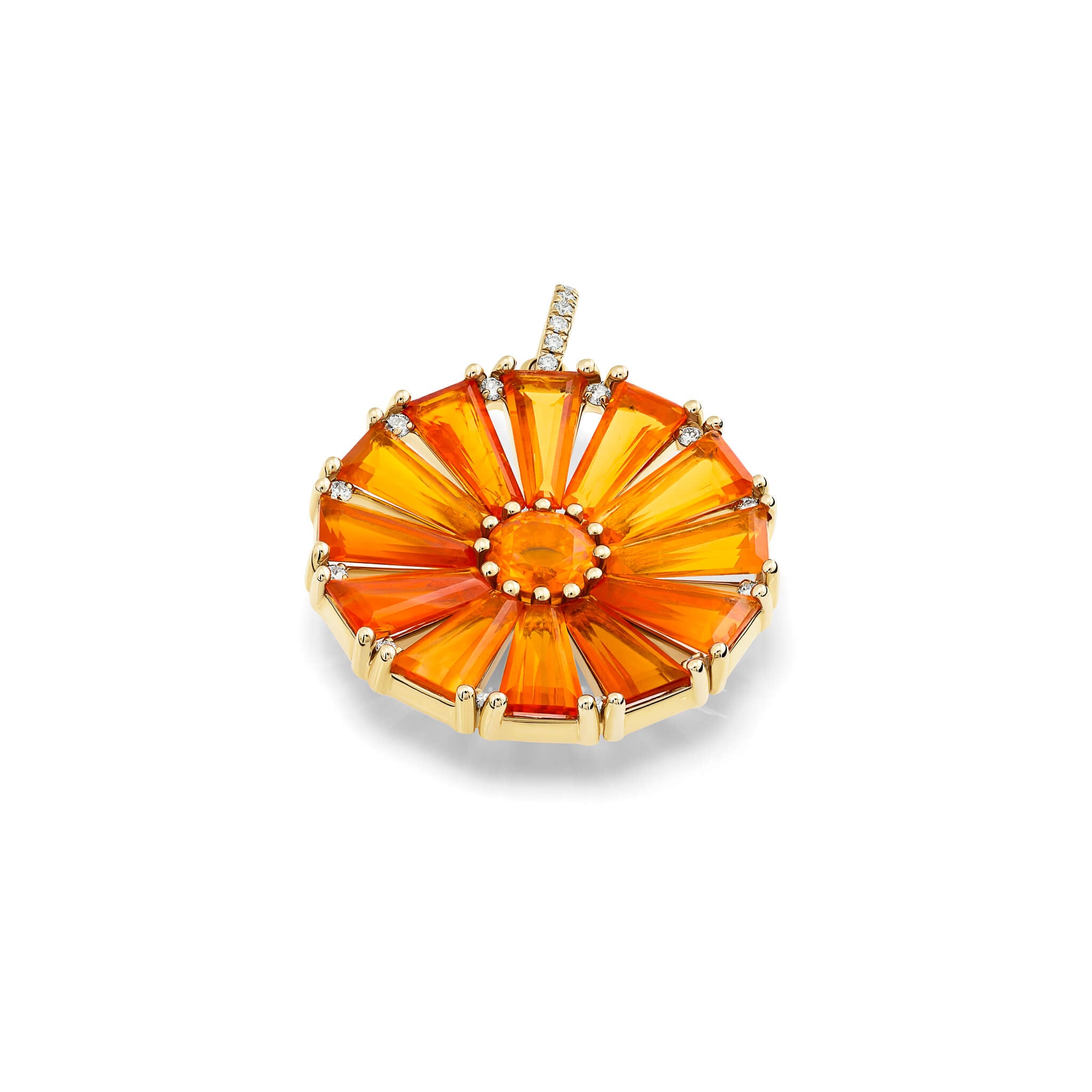 Handcrafted yellow gold circular necklace pendant with baguette cut fire opal and diamond gemstones, october birthstone