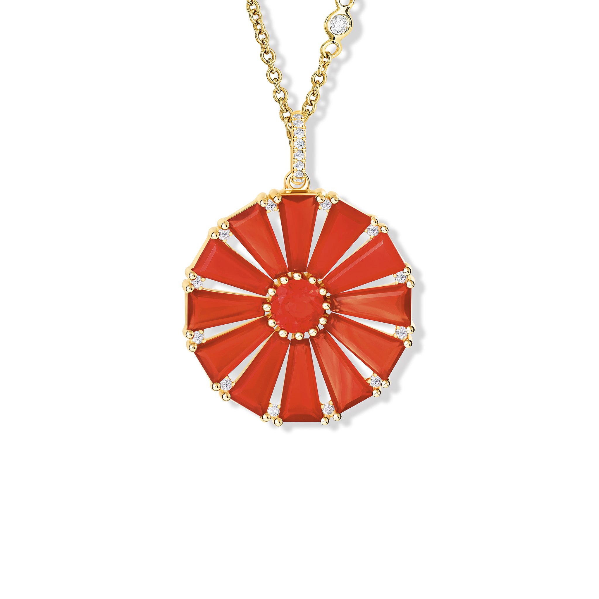 Handcrafted yellow gold circular necklace pendant with baguette cut cornelian, fire opal and diamond gemstones.