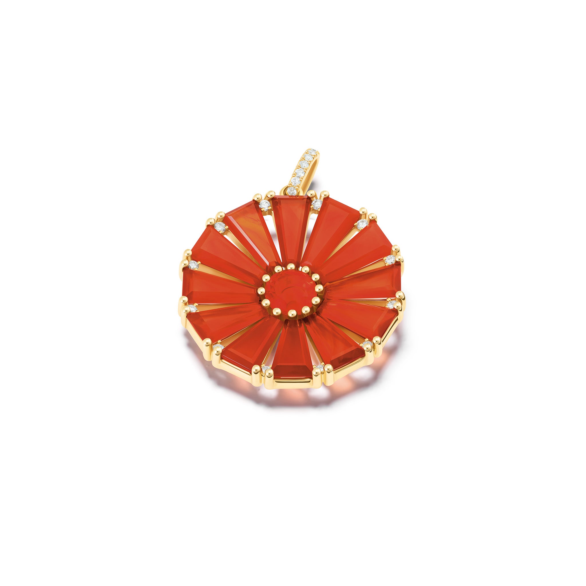 Handcrafted yellow gold circular necklace pendant with baguette cut cornelian, fire opal and diamond gemstones.