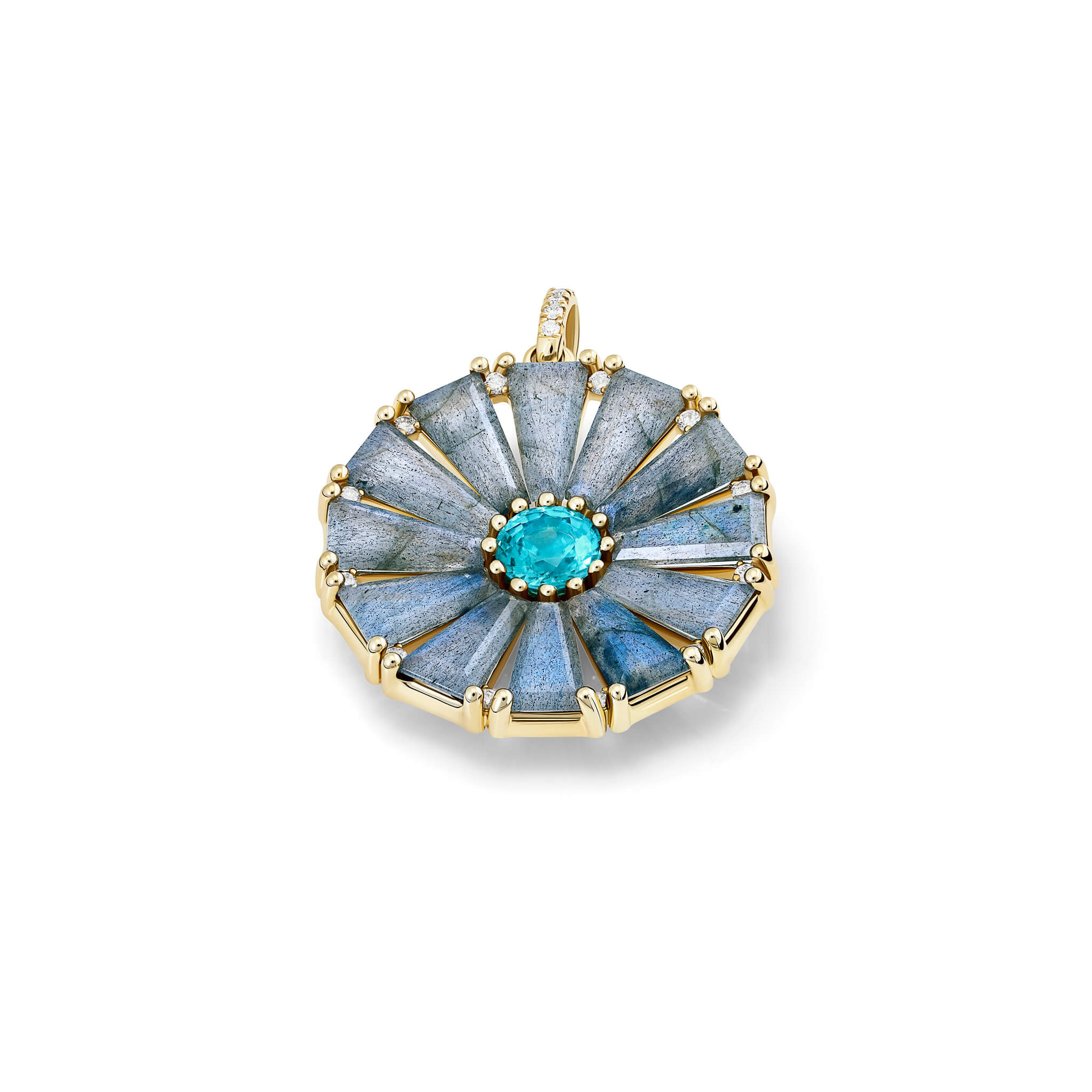 Handcrafted yellow gold circular necklace pendant with baguette cut labradorite, diamond and blue zircon as centre stone, december birthstone