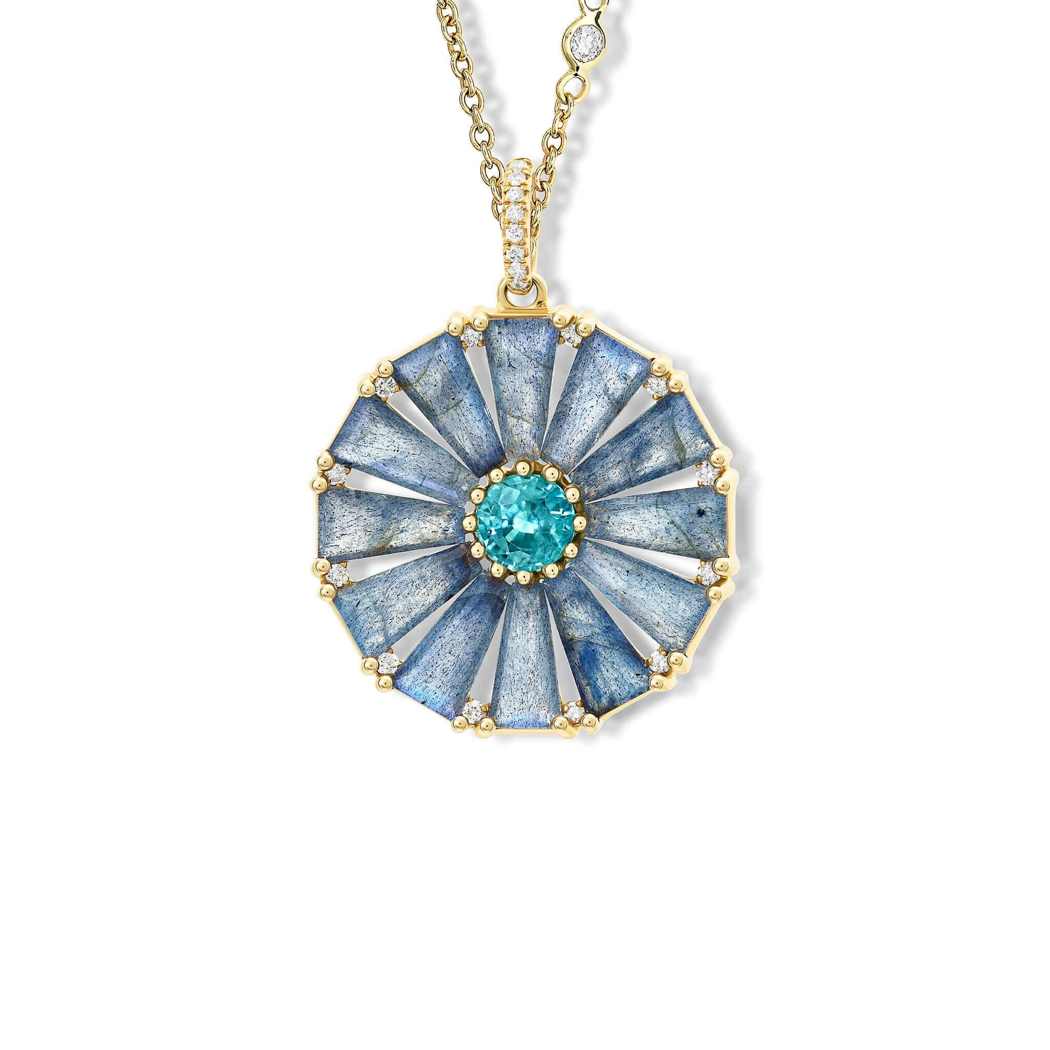 Handcrafted yellow gold circular necklace pendant with baguette cut labradorite, diamond and blue zircon as centre stone, december birthstone
