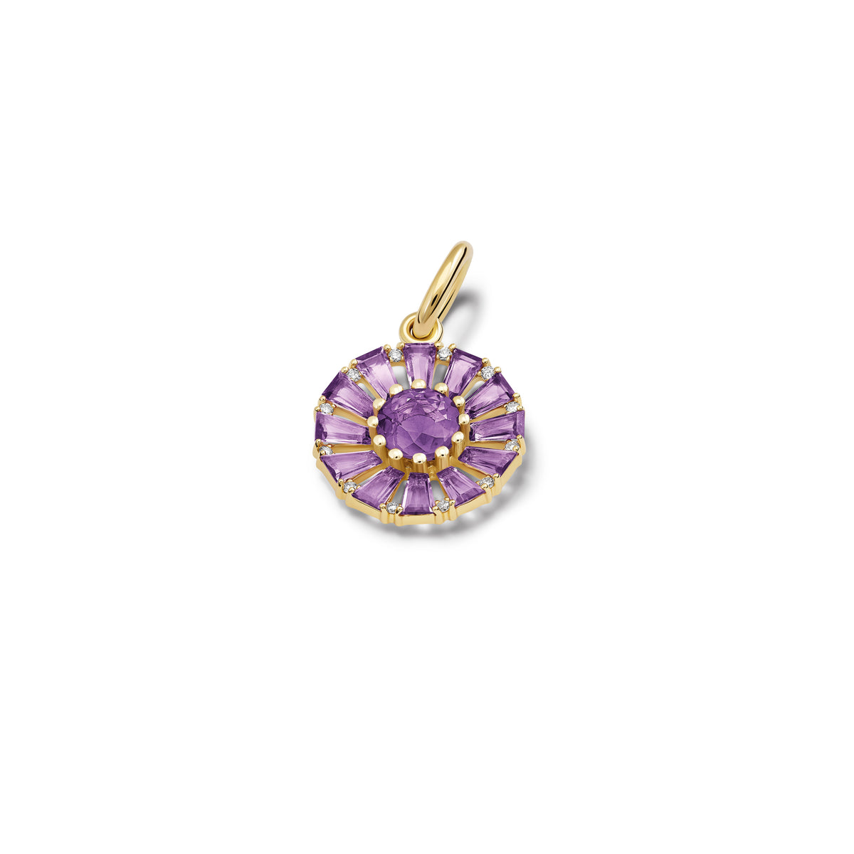 Roi Soleil small necklace pendant set with baguette cut lilac amethyst and a round central amethyst interspersed with diamonds. The birthstone for February.