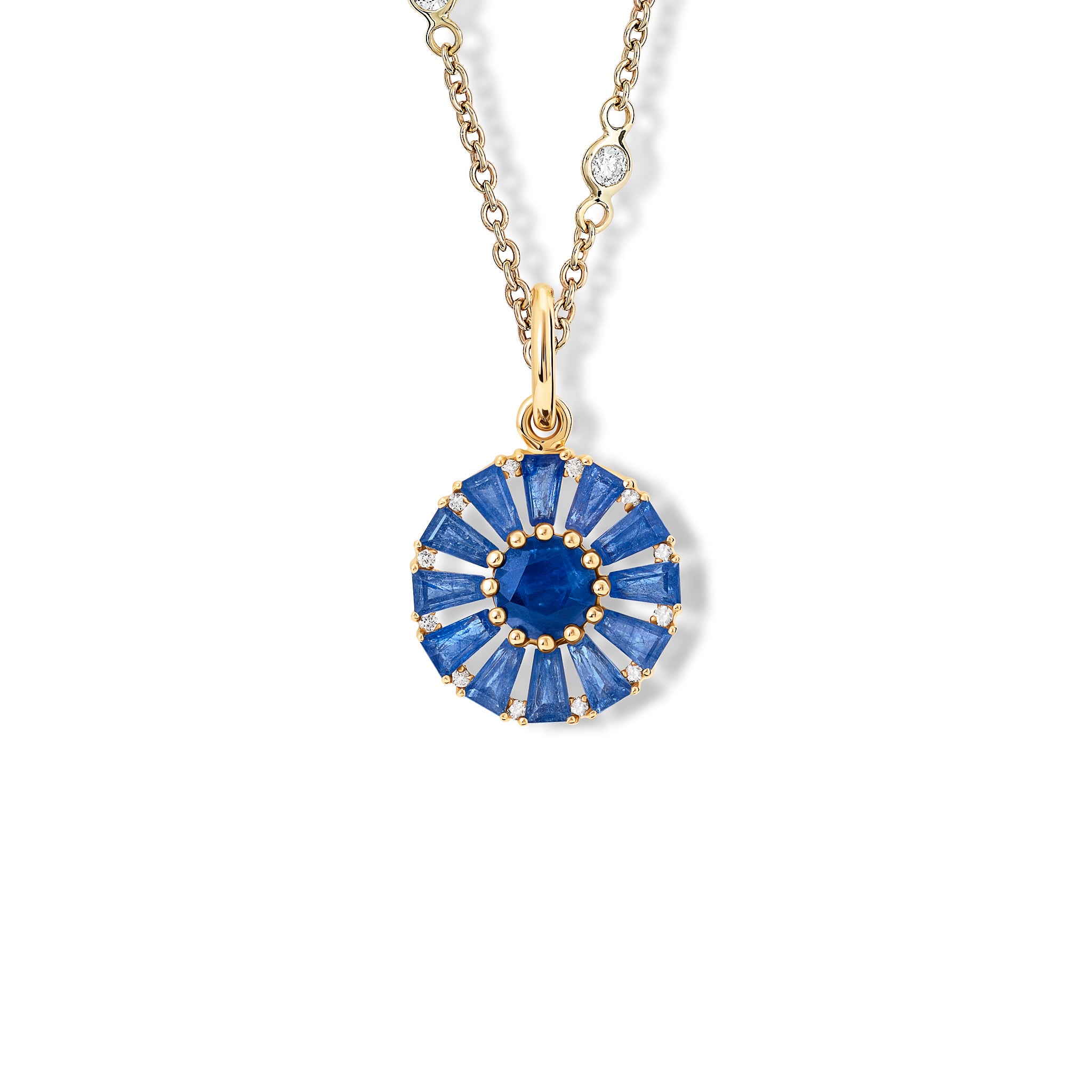 Handcrafted 18ct yellow gold necklace pendant featuring a circular arrangement of blue sapphire and a central blue sapphire interspaced with diamonds, september birthstone