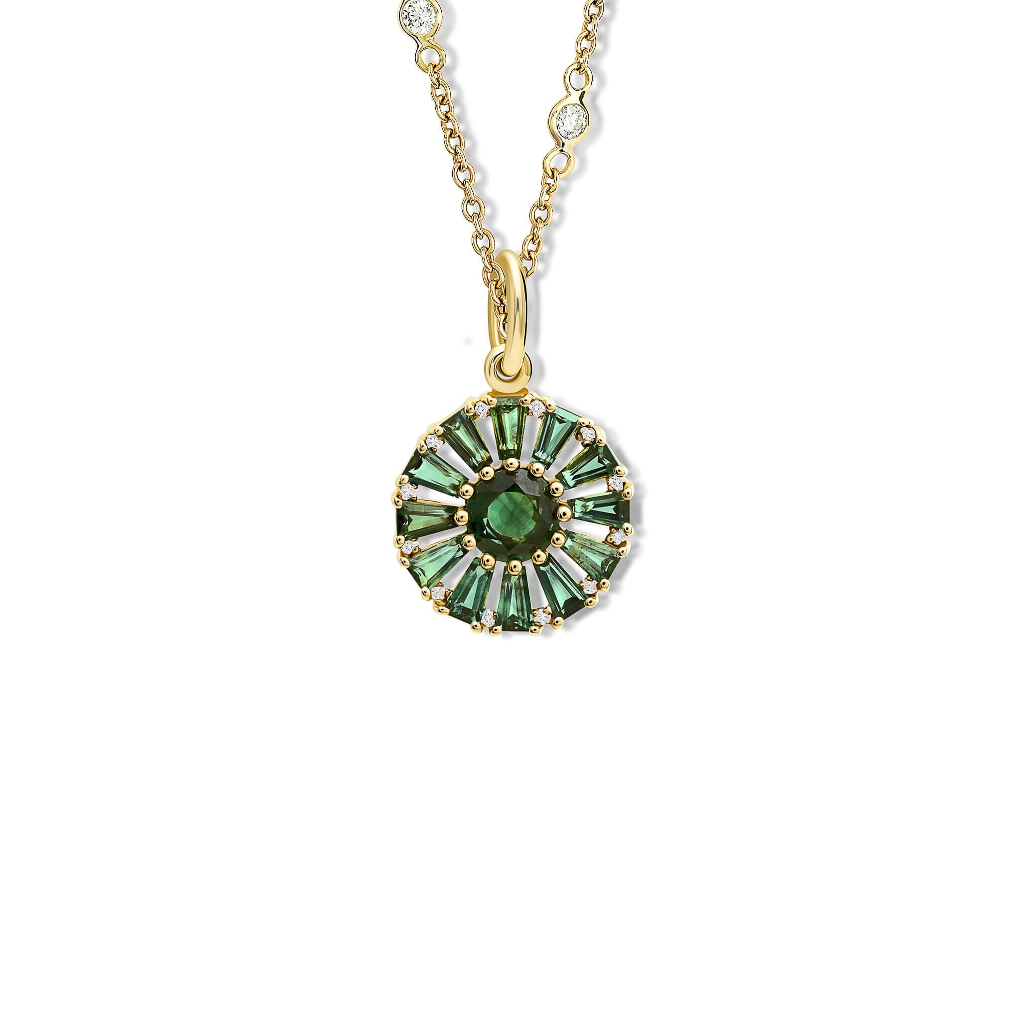 Handcrafted yellow gold necklace pendant featuring a circular arrangement of green sapphire and a central green sapphire interspaced with diamonds, September birthstone