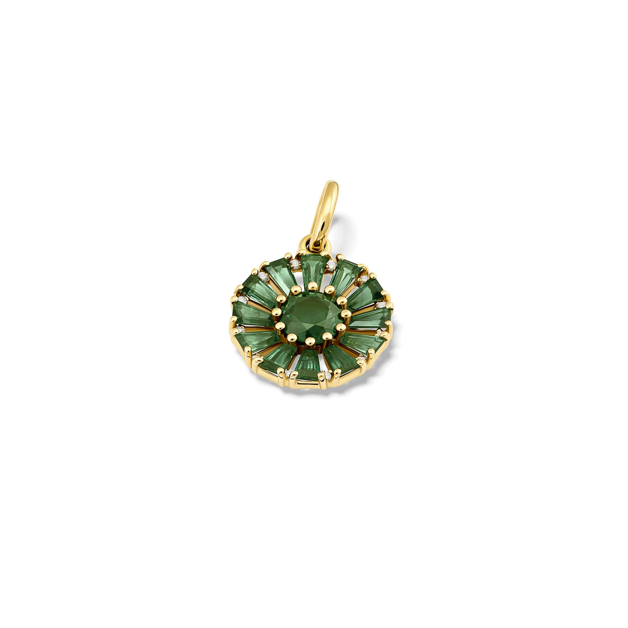 Handcrafted yellow gold necklace pendant featuring a circular arrangement of green sapphire and a central green sapphire interspaced with diamonds, september birthstone