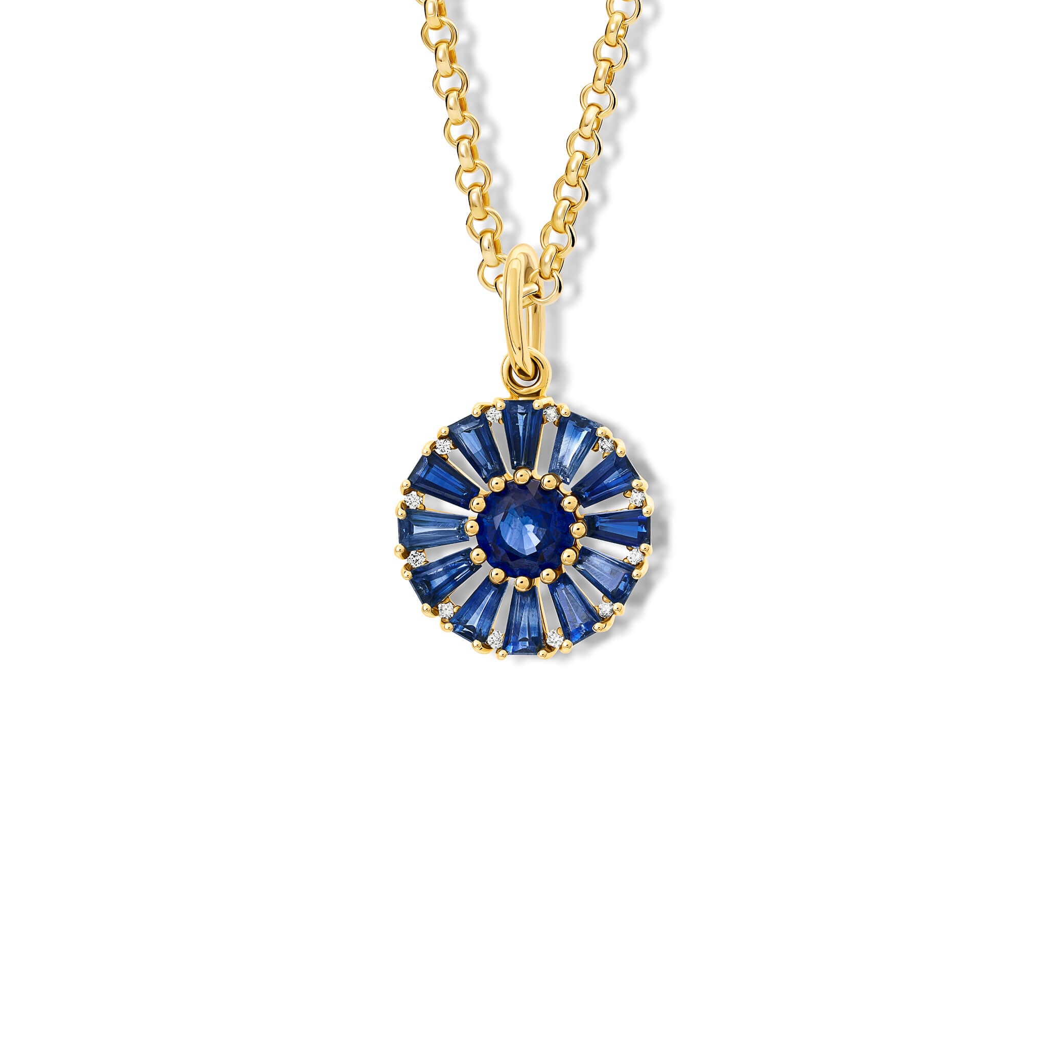 Handcrafted yellow gold necklace pendant featuring a circular arrangement of kyanite and a central kyanite interspaced with diamonds.