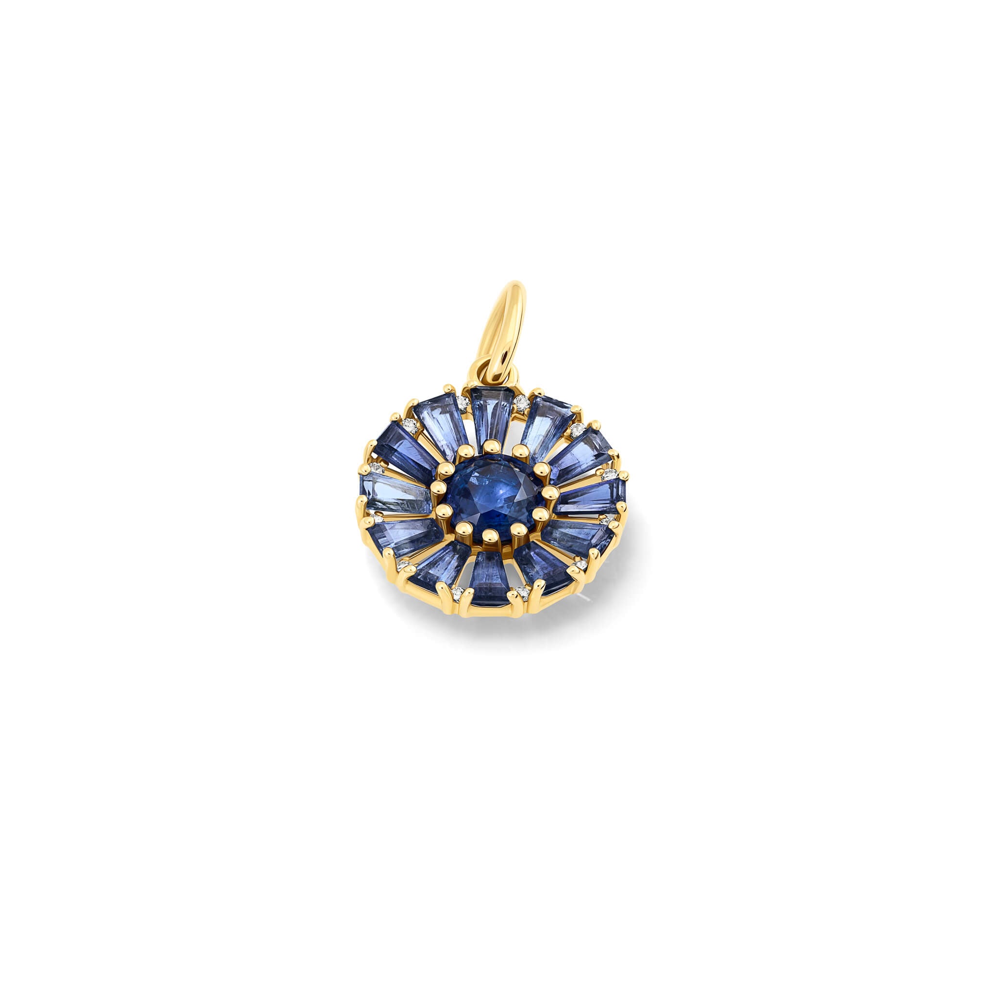 Handcrafted yellow gold necklace pendant featuring a circular arrangement of kyanite and a central kyanite interspaced with diamonds.