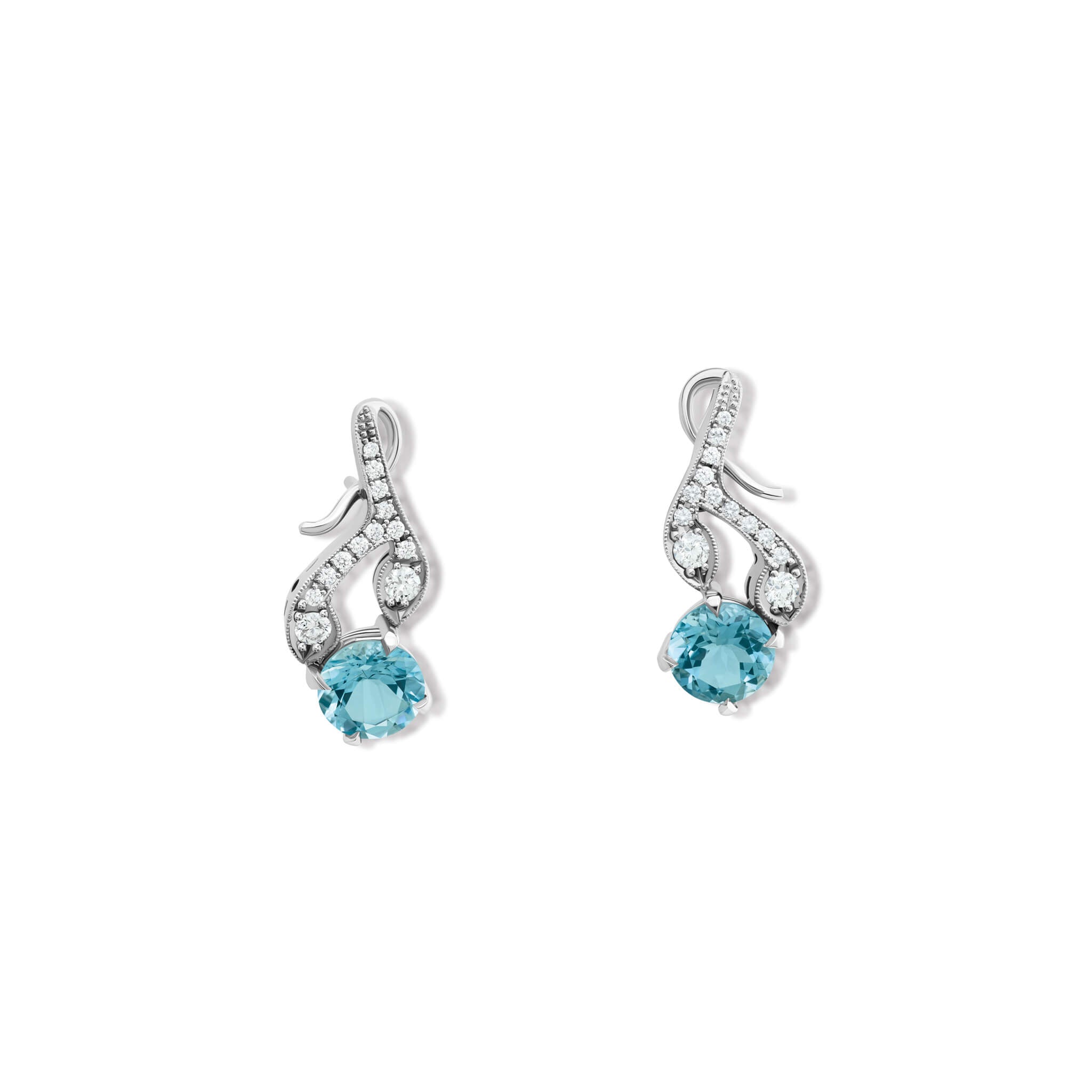 Handcrafted 18ct white gold earrings with diamonds and a aquamarine drop in the shape of a sprig of rosemary.