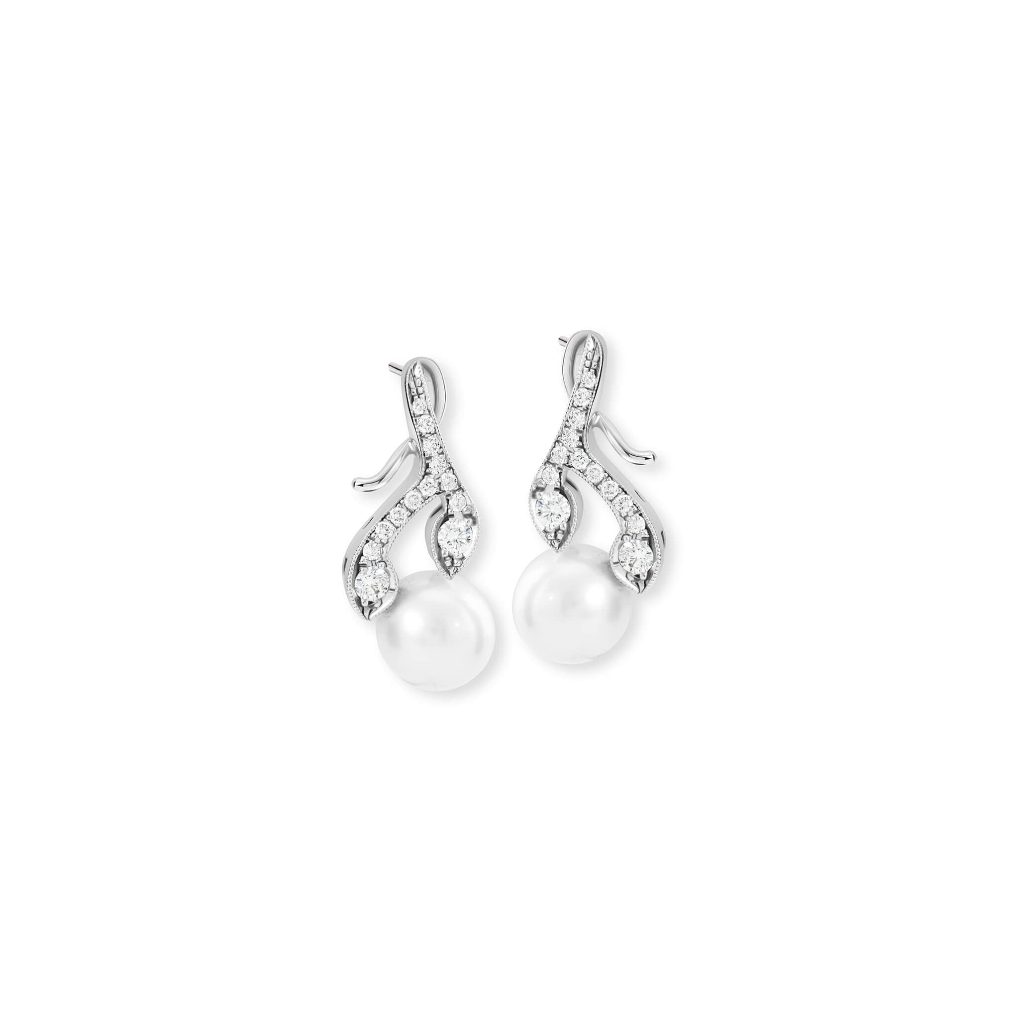 Handcrafted 18ct white gold earrings with diamonds and a pearl drop in the shape of a sprig of rosemary.