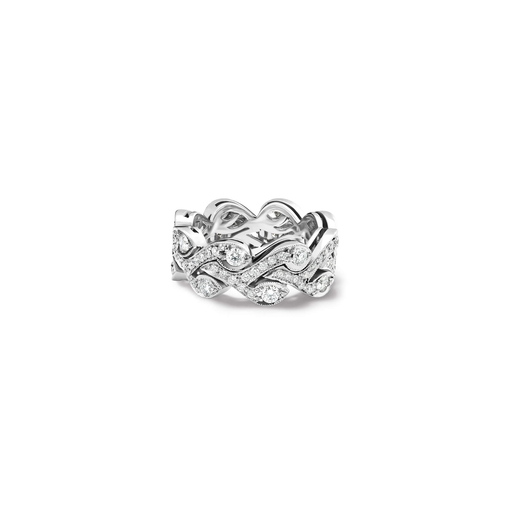 Handcrafted 18ct white gold engagement ring resembling rosemary sprigs, embellished with diamonds.
