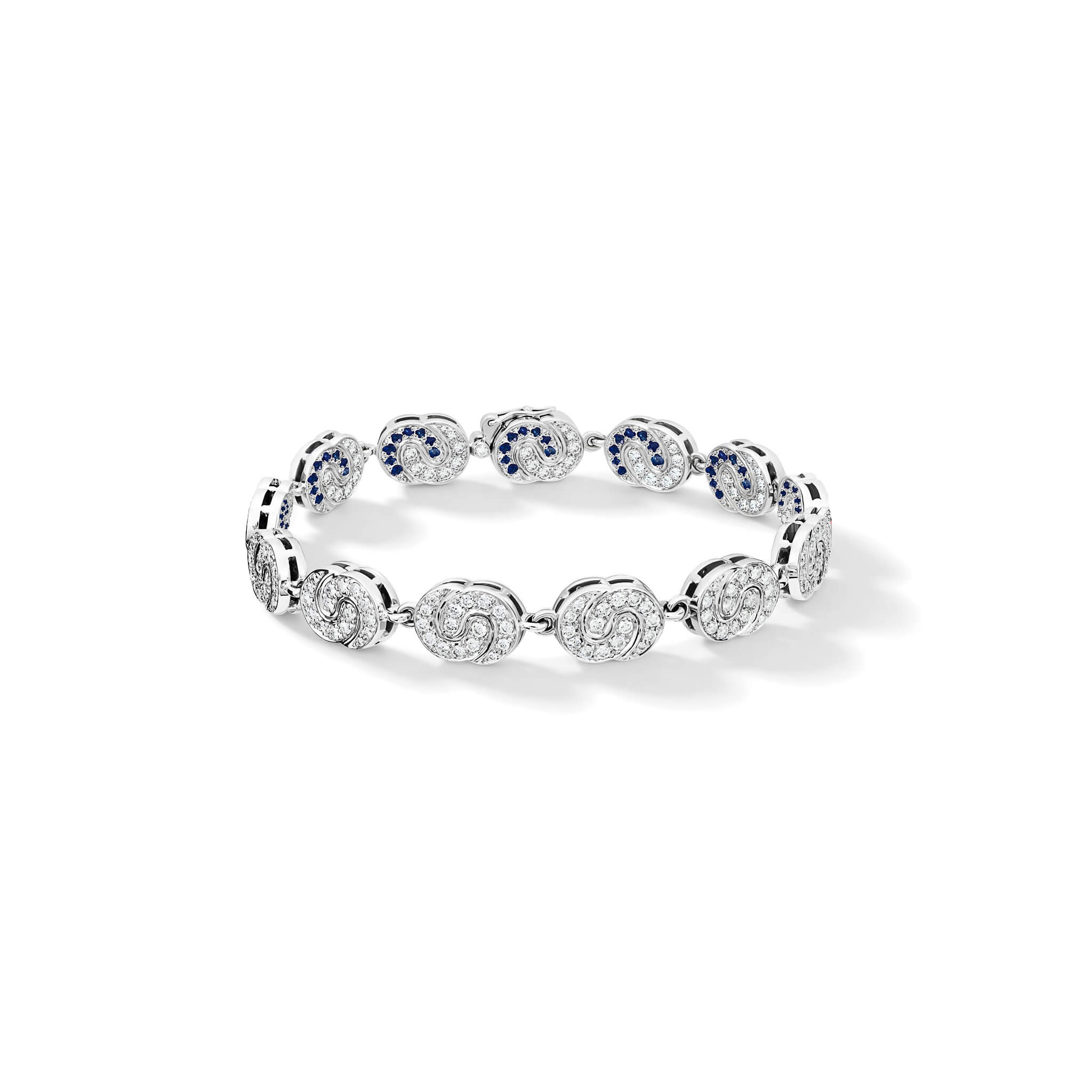 Handcrafted 18ct white gold Sabina bracelet with diamonds on one side and diamonds and blue sapphire on the other, can be worn as a necklace attaching two bracelets with a section.