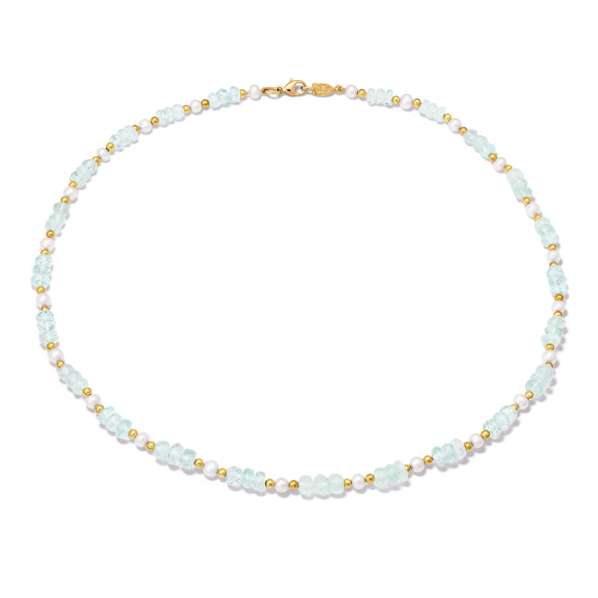 Handcrafted yellow gold necklace with aquamarine and pearl.