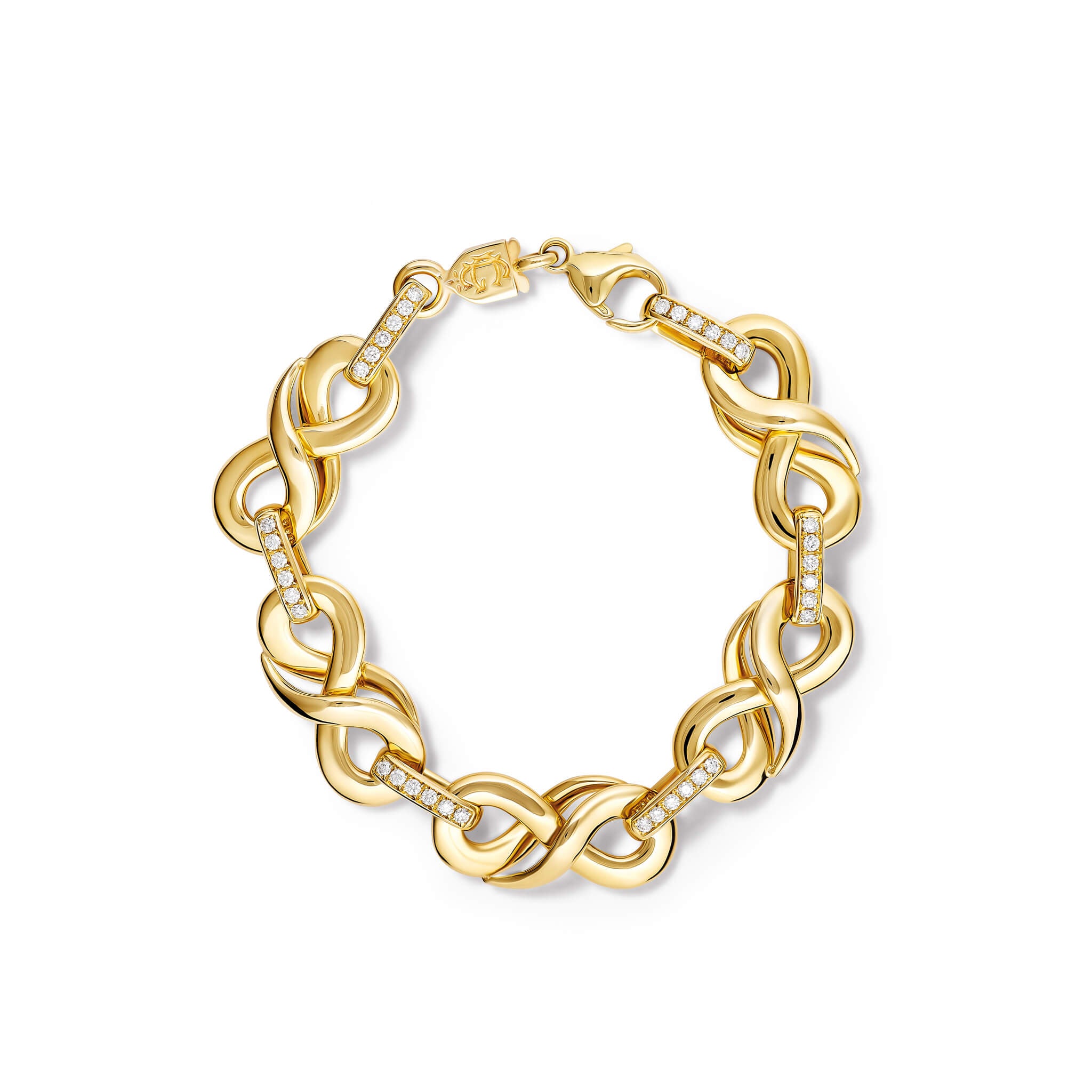 Handcrafted yellow gold bracelet featuring 's' shaped links with precious stones.