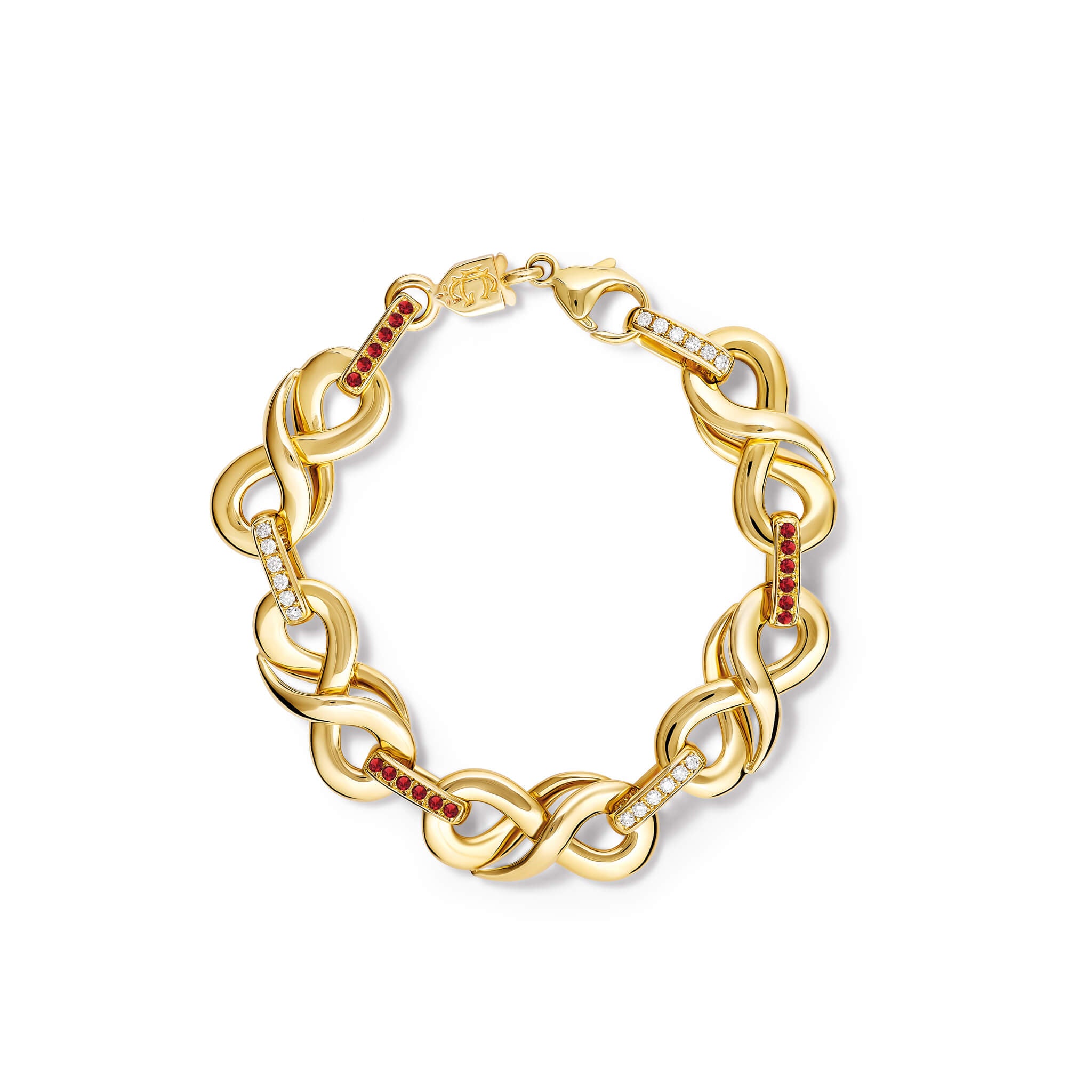 Handcrafted yellow gold bracelet featuring 's' shaped links with ruby and diamond